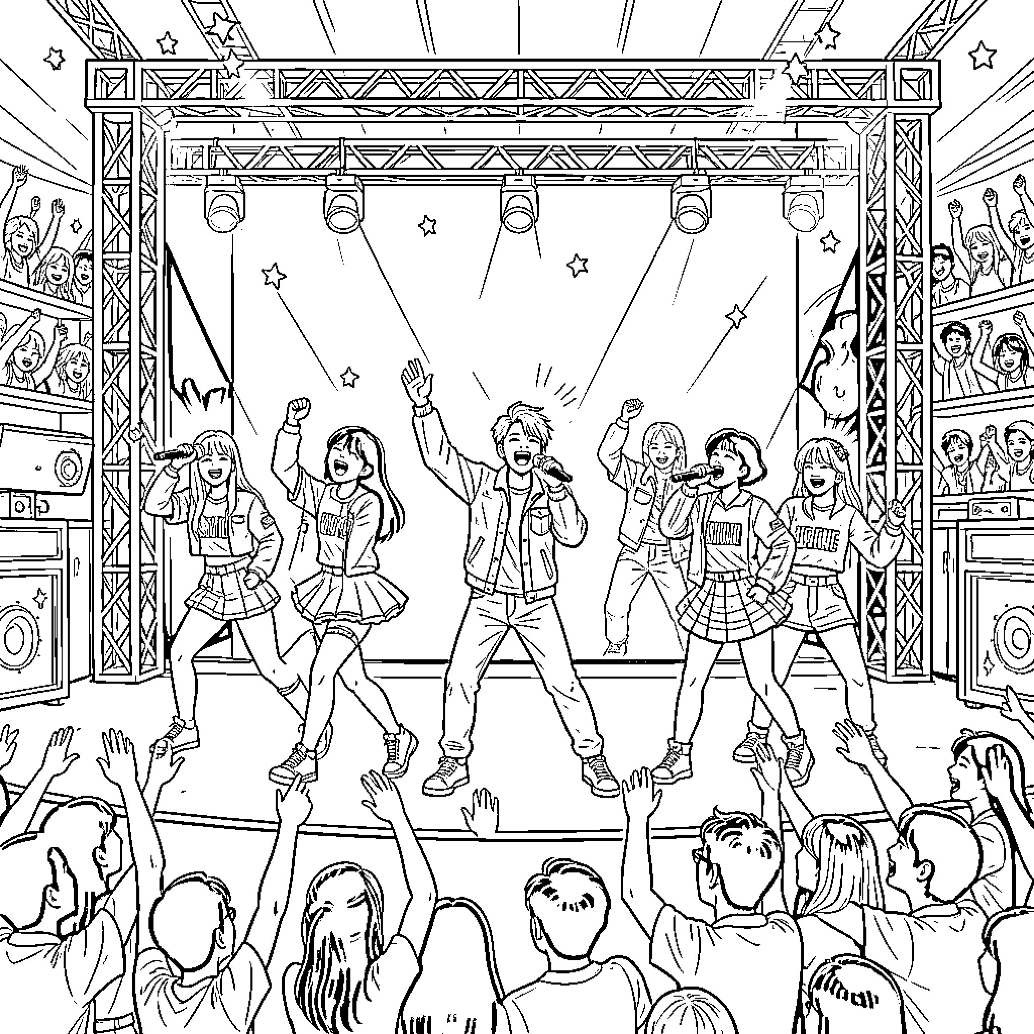 Kpop idols performing energetic dance moves on stage Coloring Page (free black-and-white line drawing printable PDF for all, from beginners to advanced learners, including children, teens, adults, and seniors)