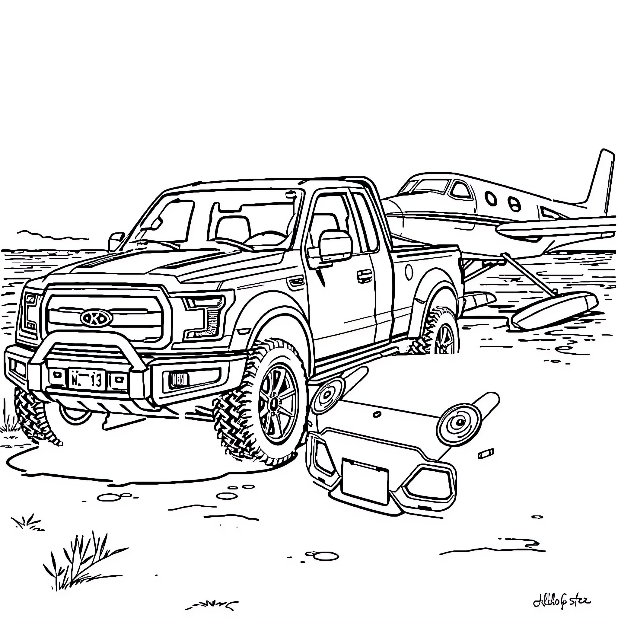 Vehicle towing an aircraft in a rugged outdoor scene Coloring Page (free black-and-white line drawing printable PDF for all, from beginners to advanced learners, including children, teens, adults, and seniors)