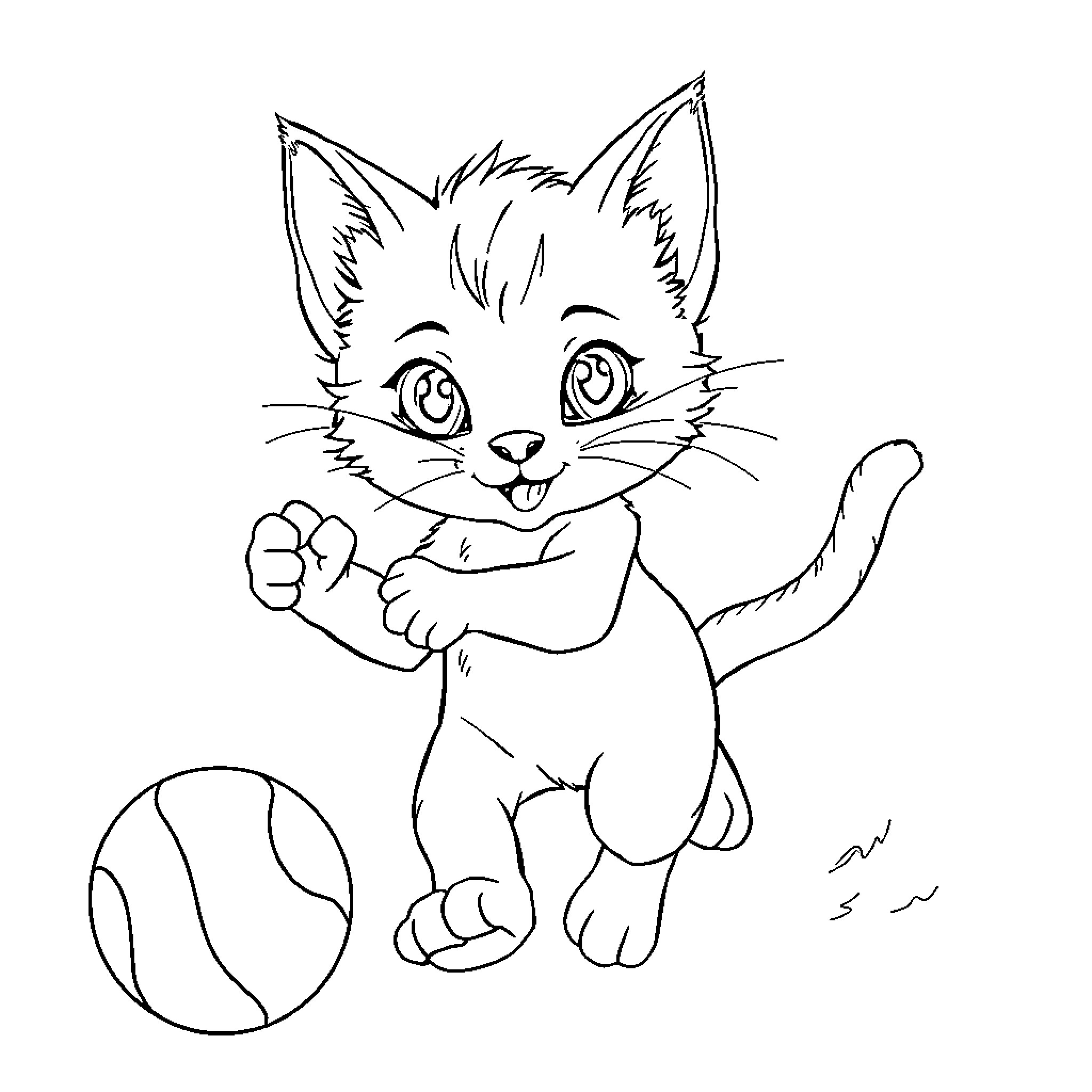 Gato playing with ball joyfully Coloring Page (free black-and-white line drawing printable PDF for all, from beginners to advanced learners, including children, teens, adults, and seniors)