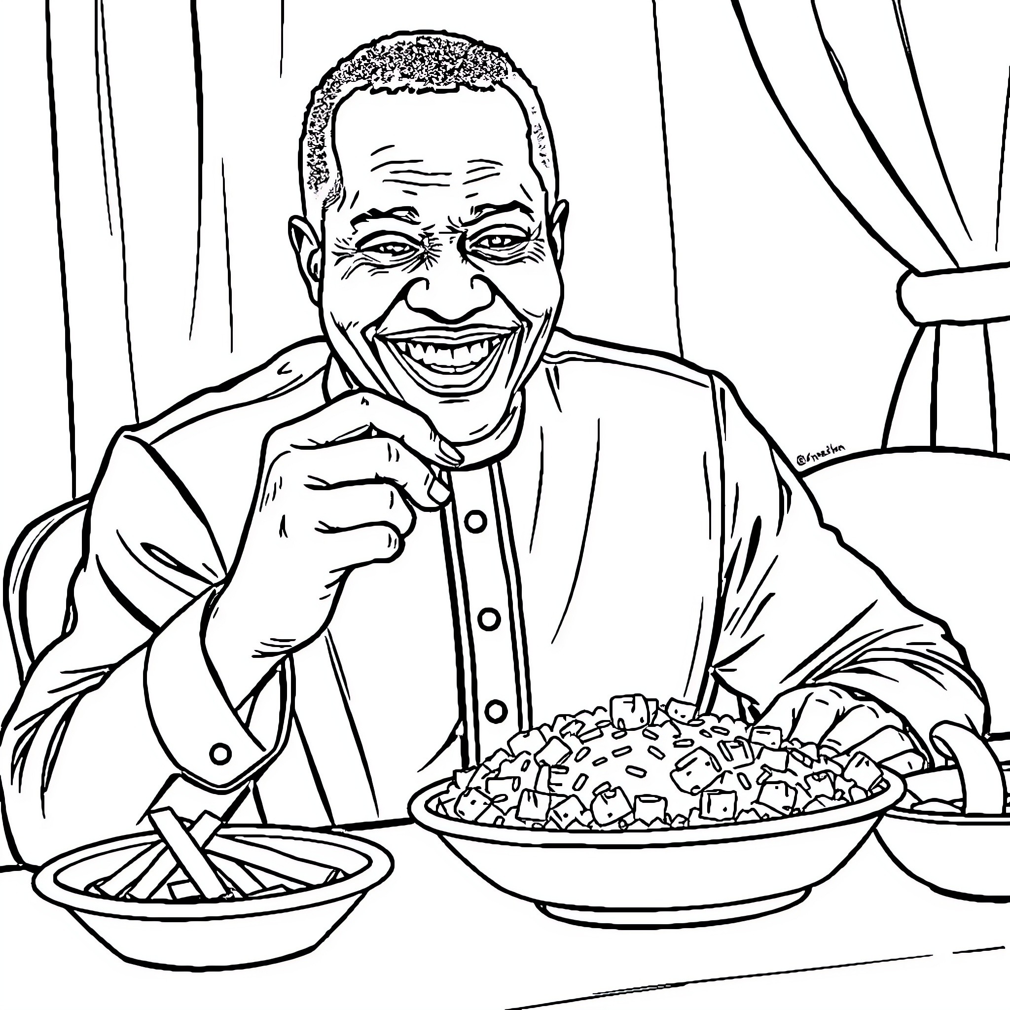 President Enjoying Hearty Meal in Formal Setting Coloring Page (free black-and-white line drawing printable PDF for all, from beginners to advanced learners, including children, teens, adults, and seniors)
