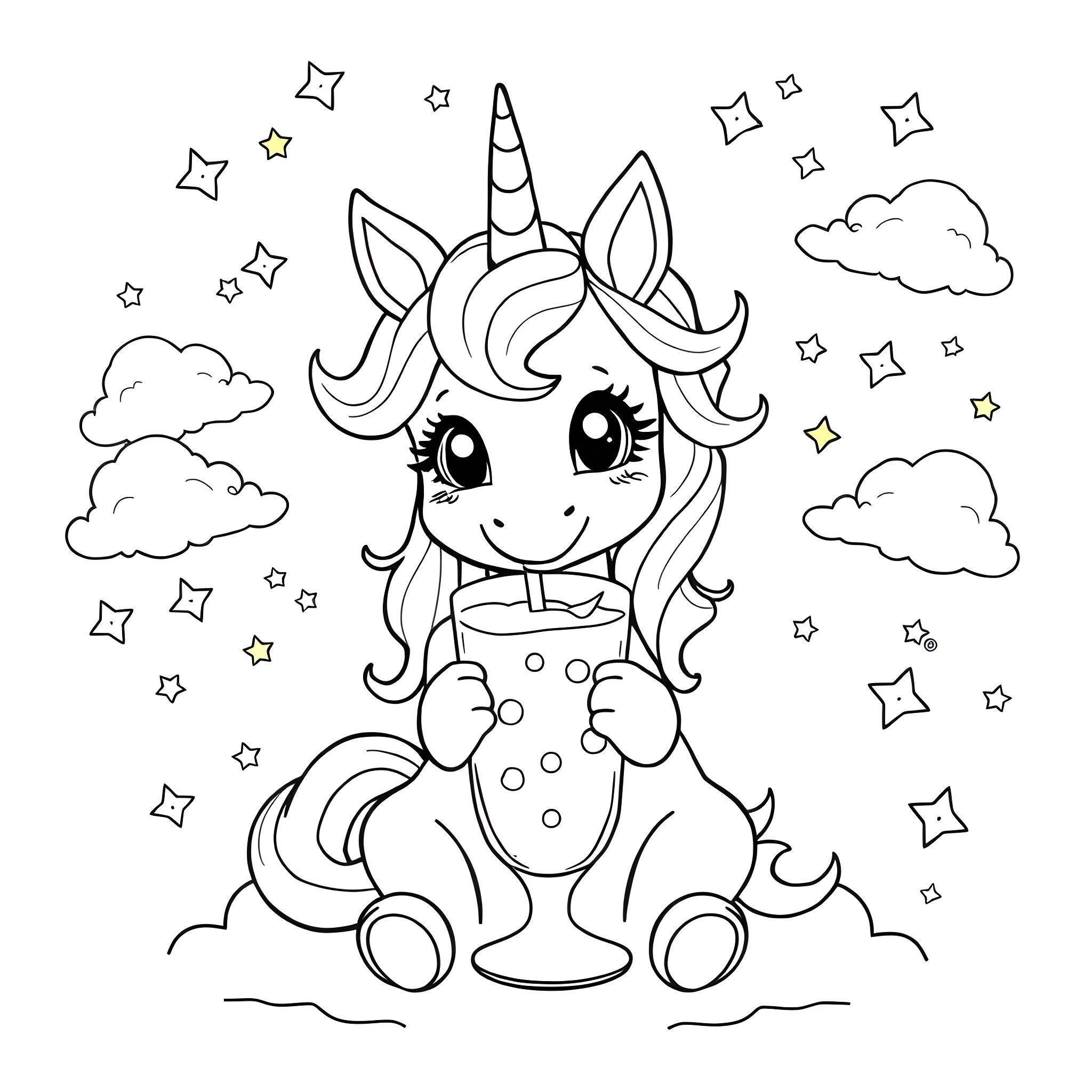 Unicorn gazing at the starry night sky Coloring Page (free black-and-white line drawing printable PDF for all, from beginners to advanced learners, including children, teens, adults, and seniors)