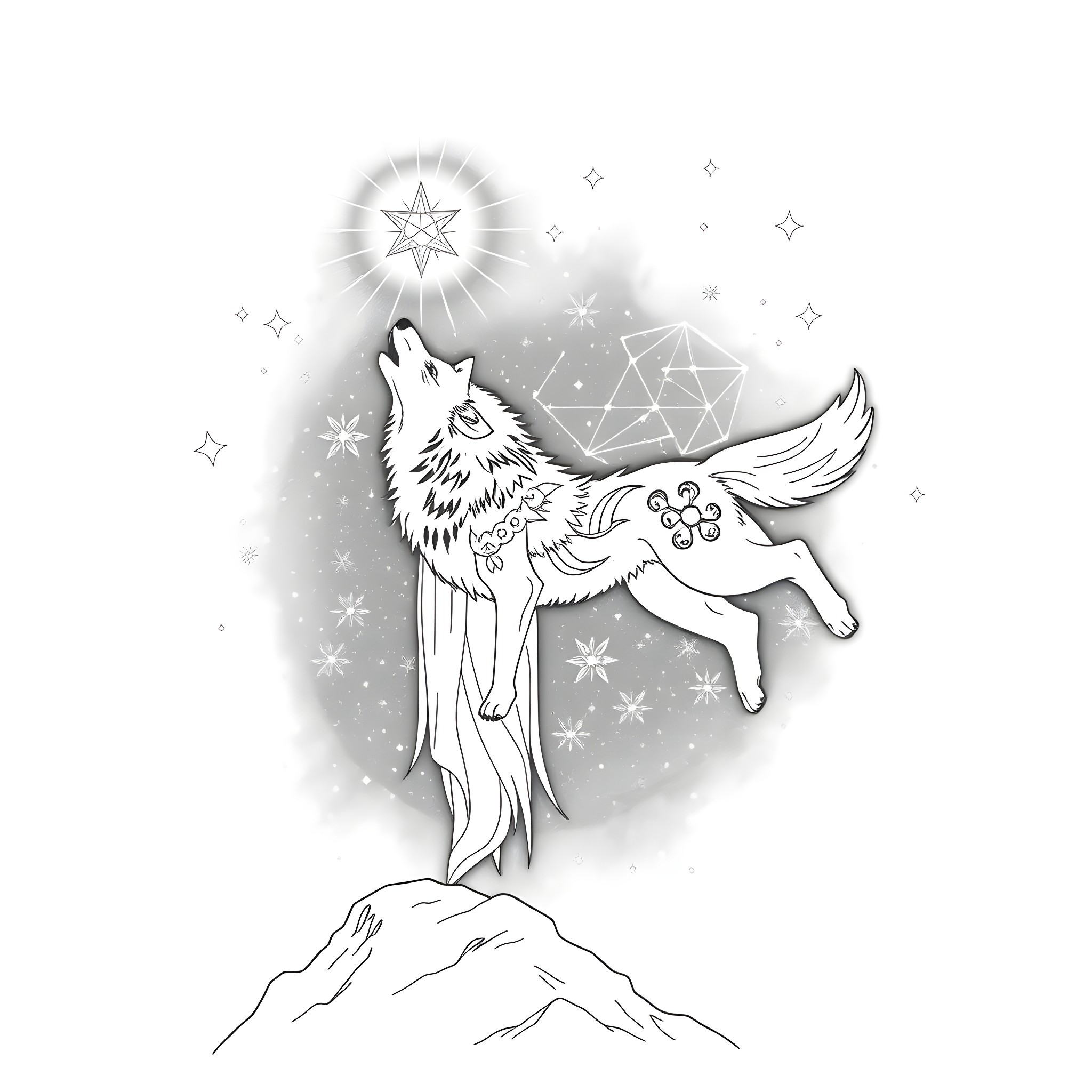 Spirit of the Arctic Wolf Howling Under Starry Night Coloring Page (free black-and-white line drawing printable PDF for all, from beginners to advanced learners, including children, teens, adults, and seniors)