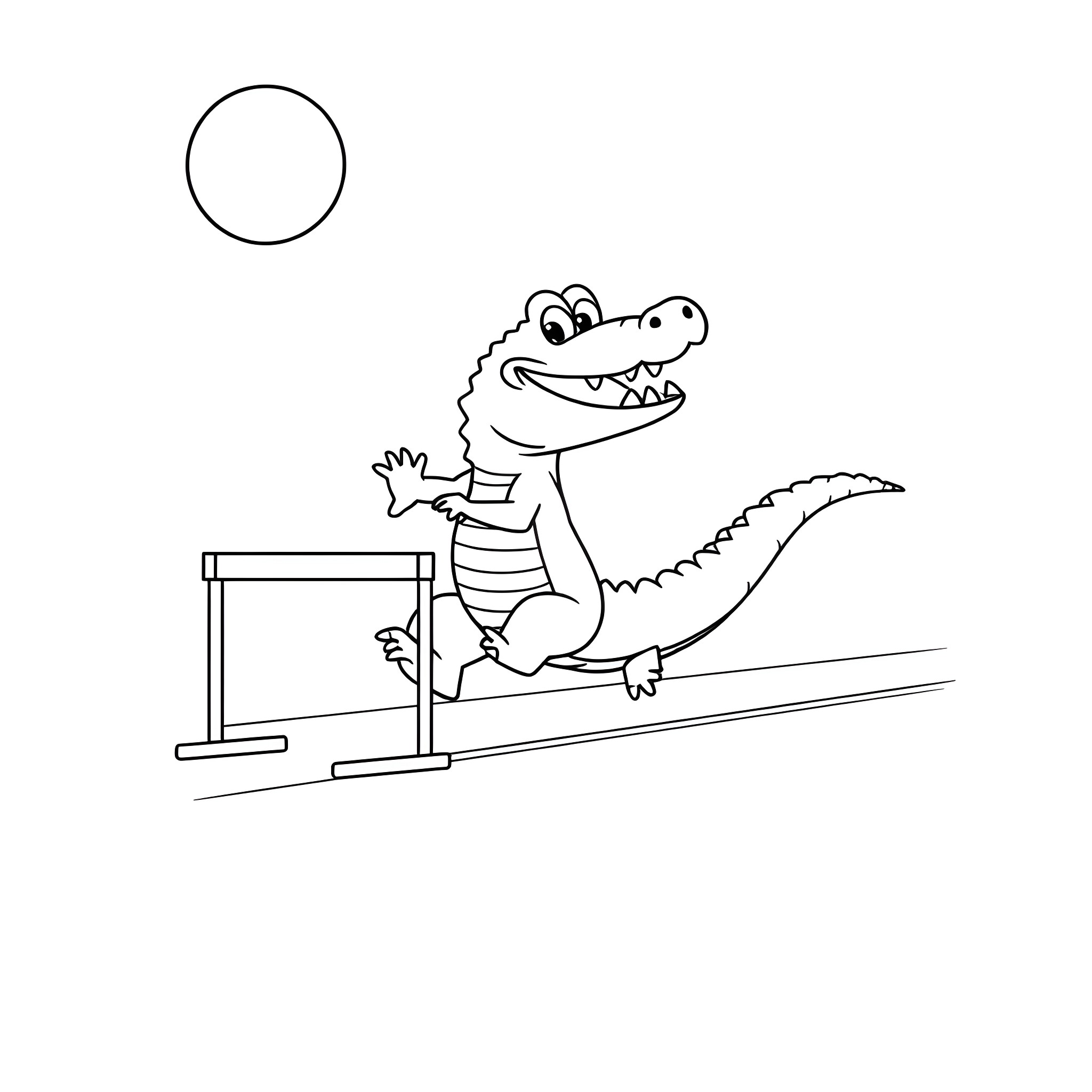 Alligator playfully jumping over obstacle Coloring Page (free black-and-white line drawing printable PDF for all, from beginners to advanced learners, including children, teens, adults, and seniors)