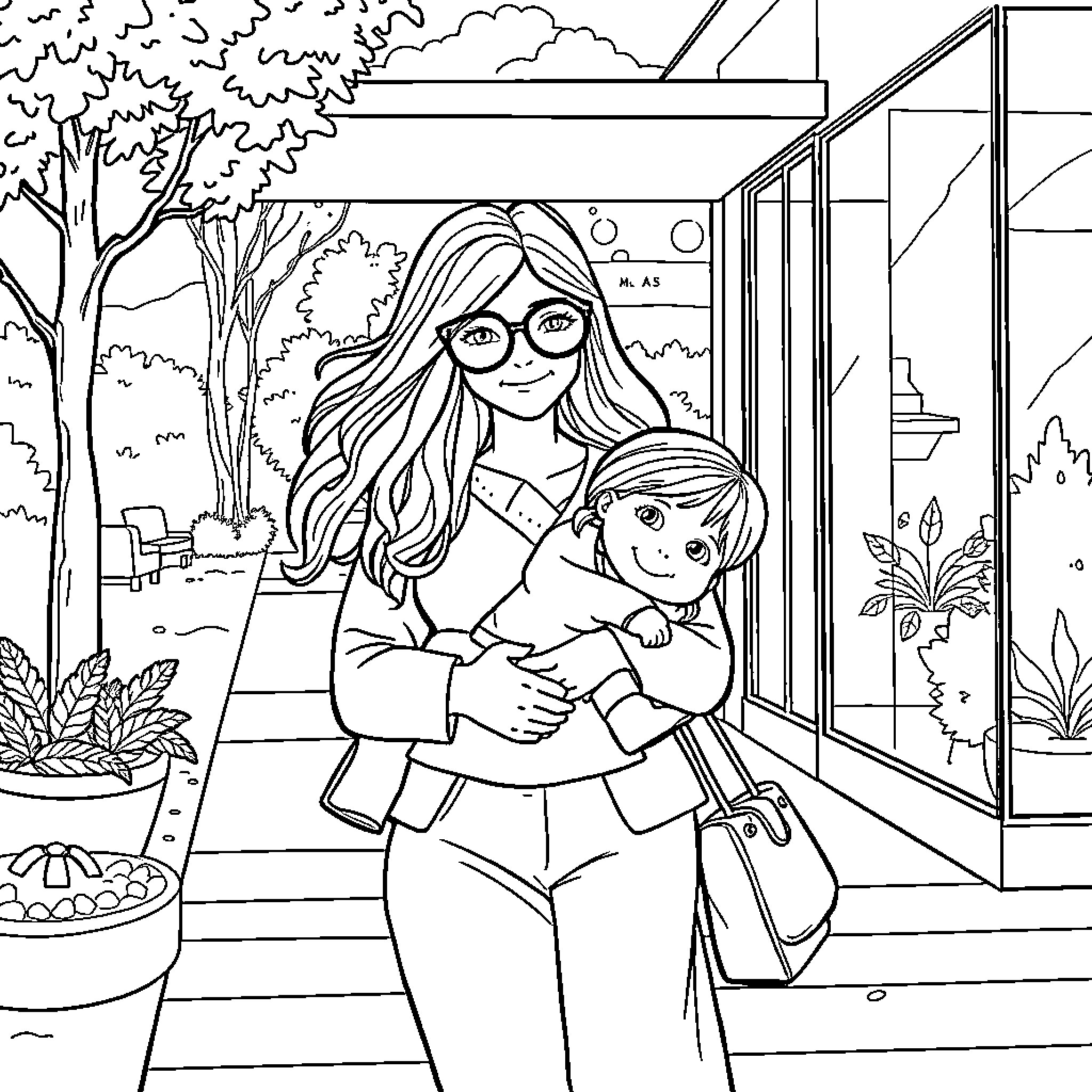 Mom and child enjoying a sunny day Coloring Page (free black-and-white line drawing printable PDF for all, from beginners to advanced learners, including children, teens, adults, and seniors)