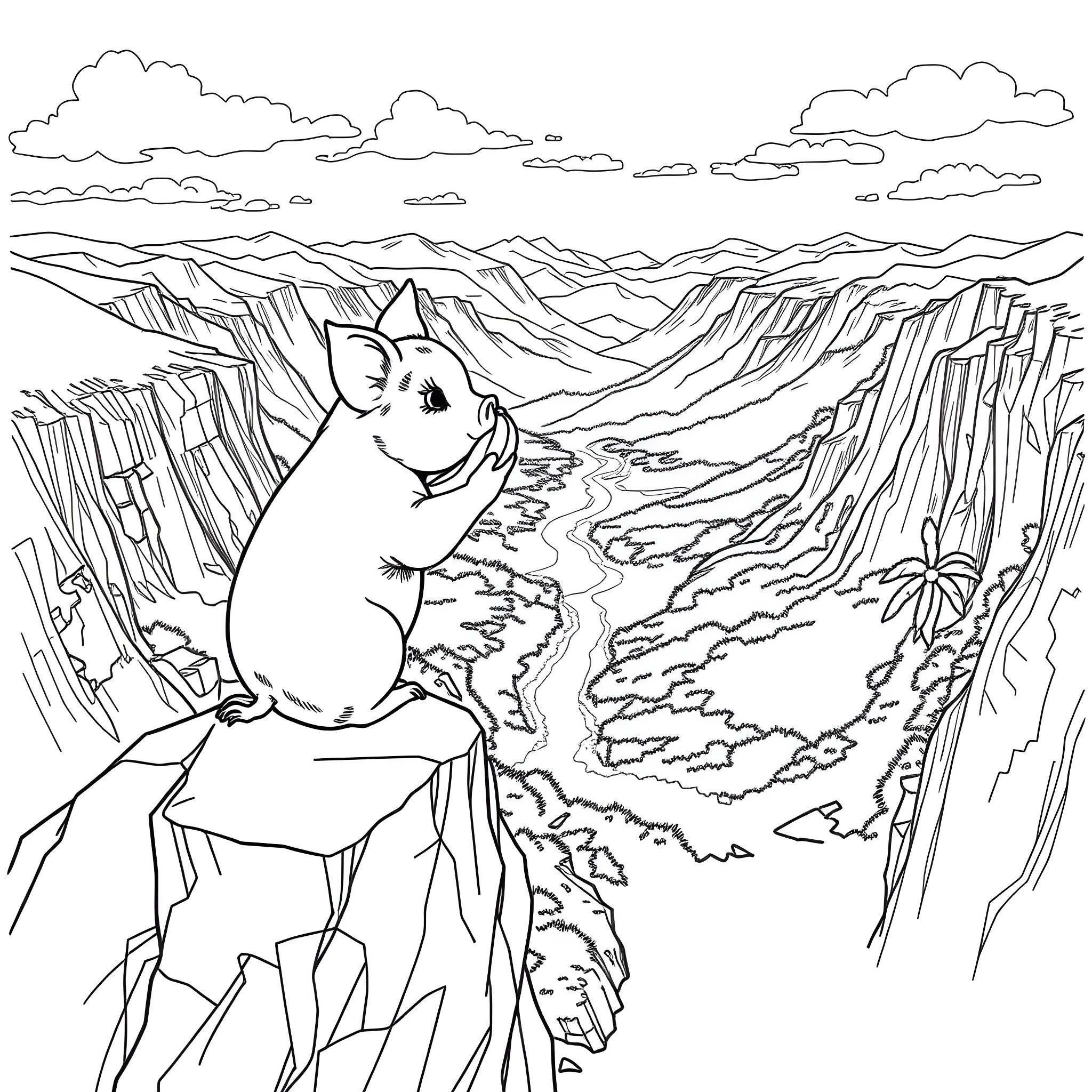 Pig overlooking scenic mountain landscape Coloring Page (free black-and-white line drawing printable PDF for all, from beginners to advanced learners, including children, teens, adults, and seniors)