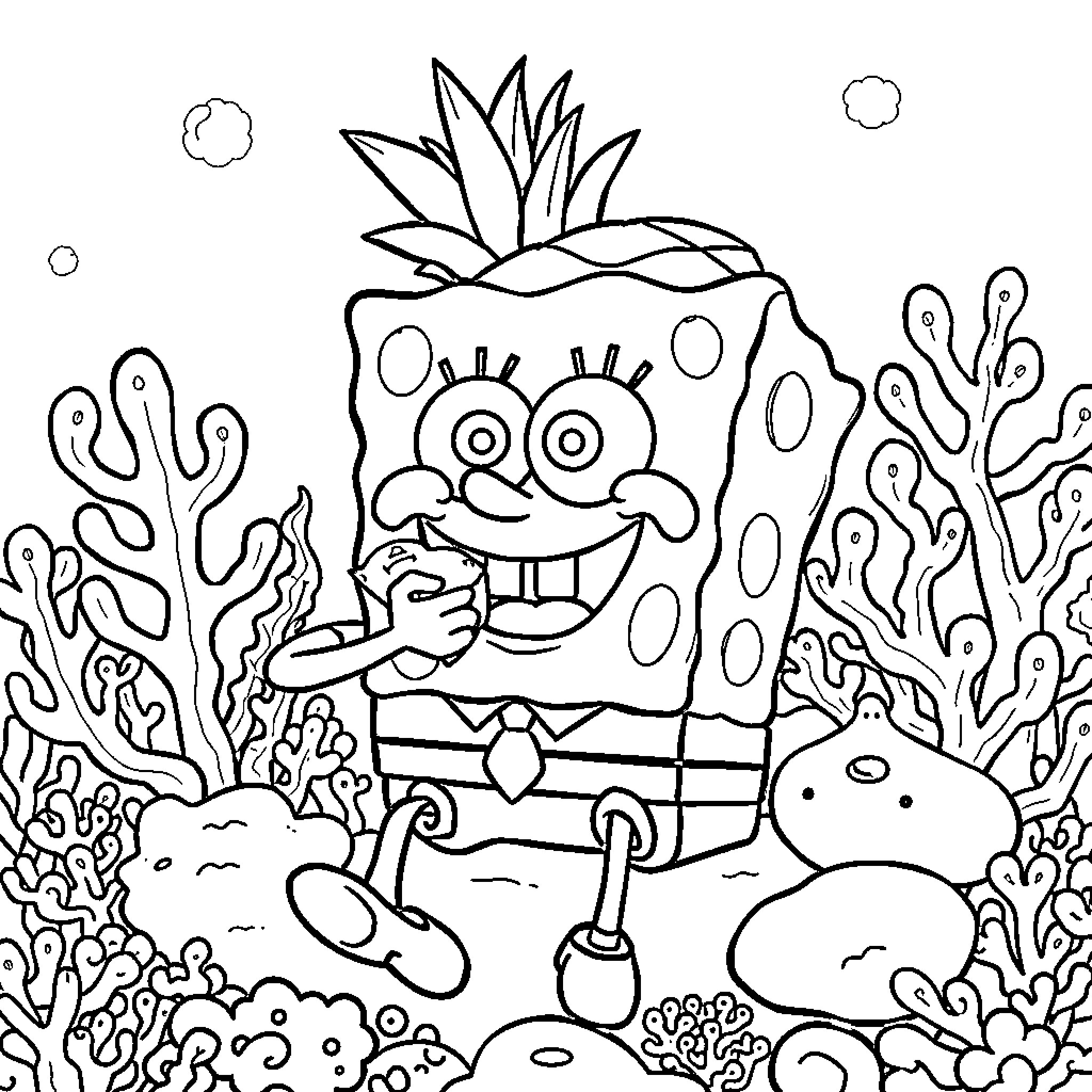 Spongebob exploring the underwater coral reef Coloring Page (free black-and-white line drawing printable PDF for all, from beginners to advanced learners, including children, teens, adults, and seniors)