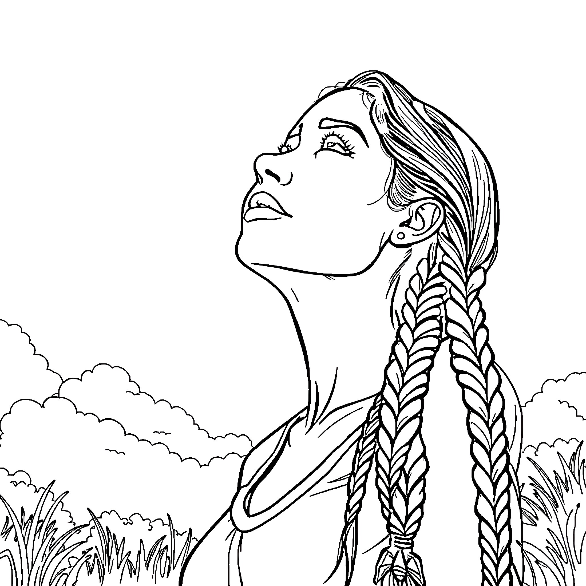 Woman in contemplative pose amid nature Coloring Page (free black-and-white line drawing printable PDF for all, from beginners to advanced learners, including children, teens, adults, and seniors)