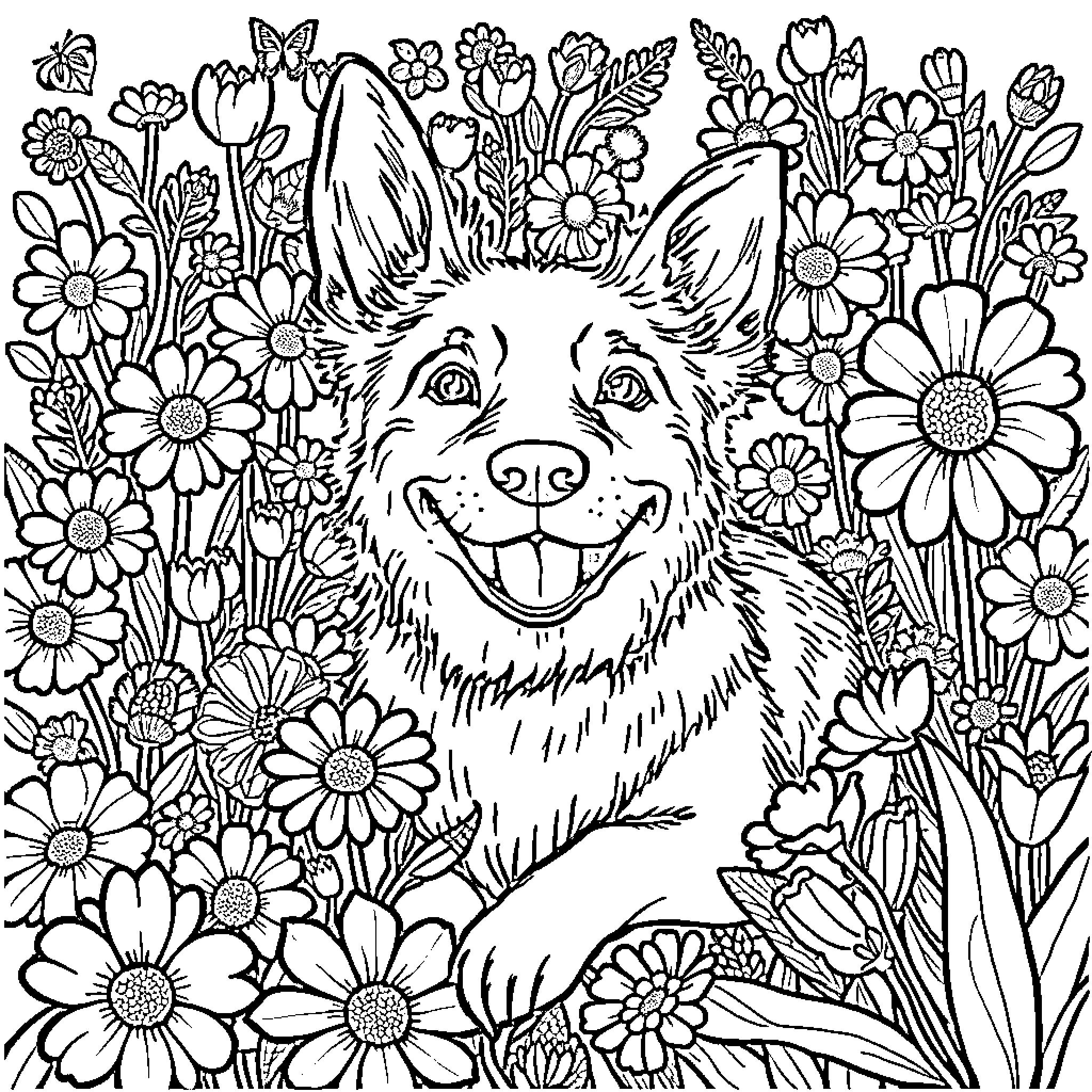 Dog playing happily in a floral garden Coloring Page (free black-and-white line drawing printable PDF for all, from beginners to advanced learners, including children, teens, adults, and seniors)