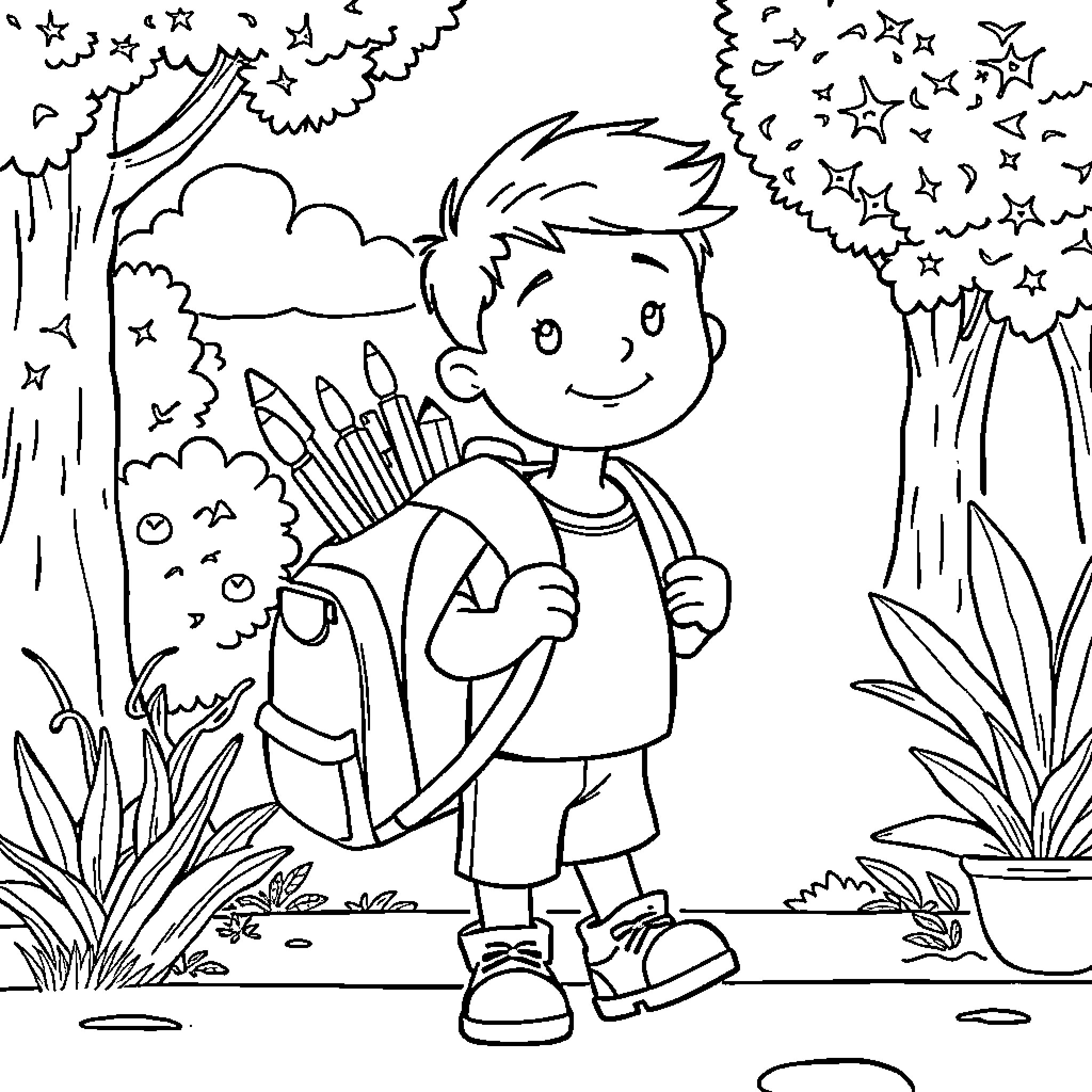 Bobby explores the enchanted forest with his art supplies Coloring Page (free black-and-white line drawing printable PDF for all, from beginners to advanced learners, including children, teens, adults, and seniors)