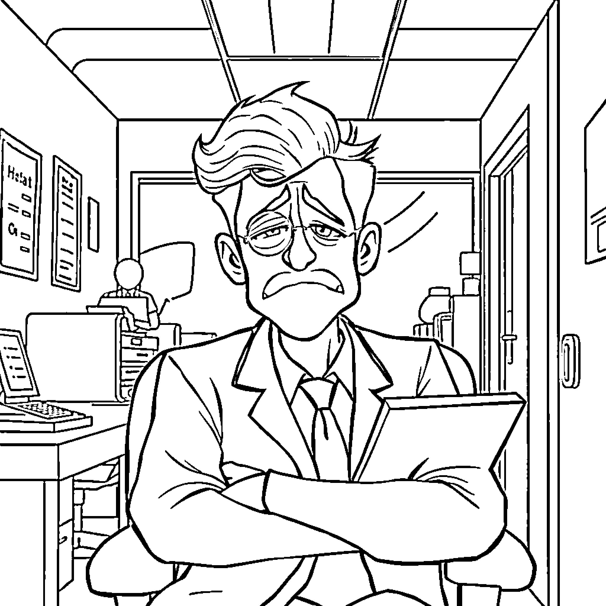 Dr. House examining a medical case in his office Coloring Page (free black-and-white line drawing printable PDF for all, from beginners to advanced learners, including children, teens, adults, and seniors)