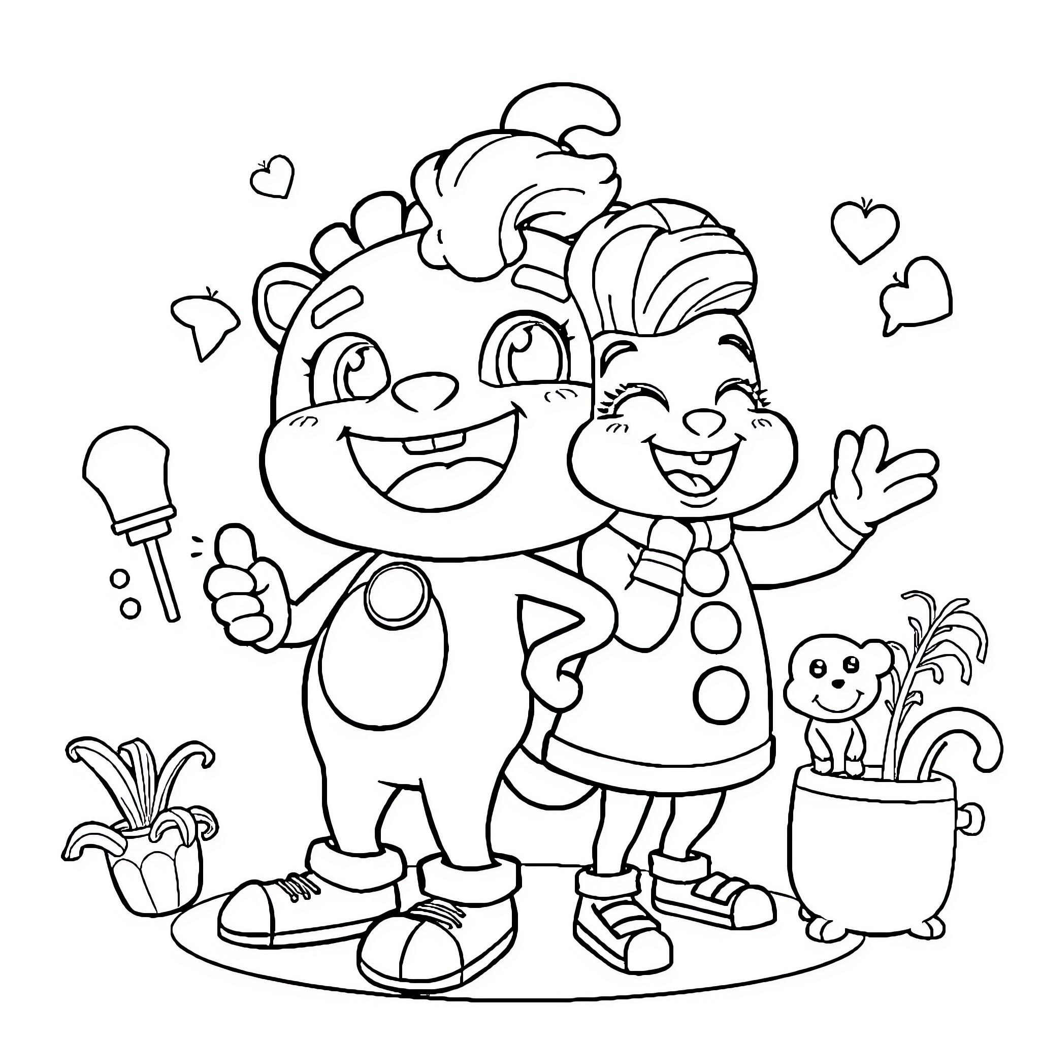 Baoking Soshy: Playful Cartoon Characters Celebrating Coloring Page (free black-and-white line drawing printable PDF for all, from beginners to advanced learners, including children, teens, adults, and seniors)