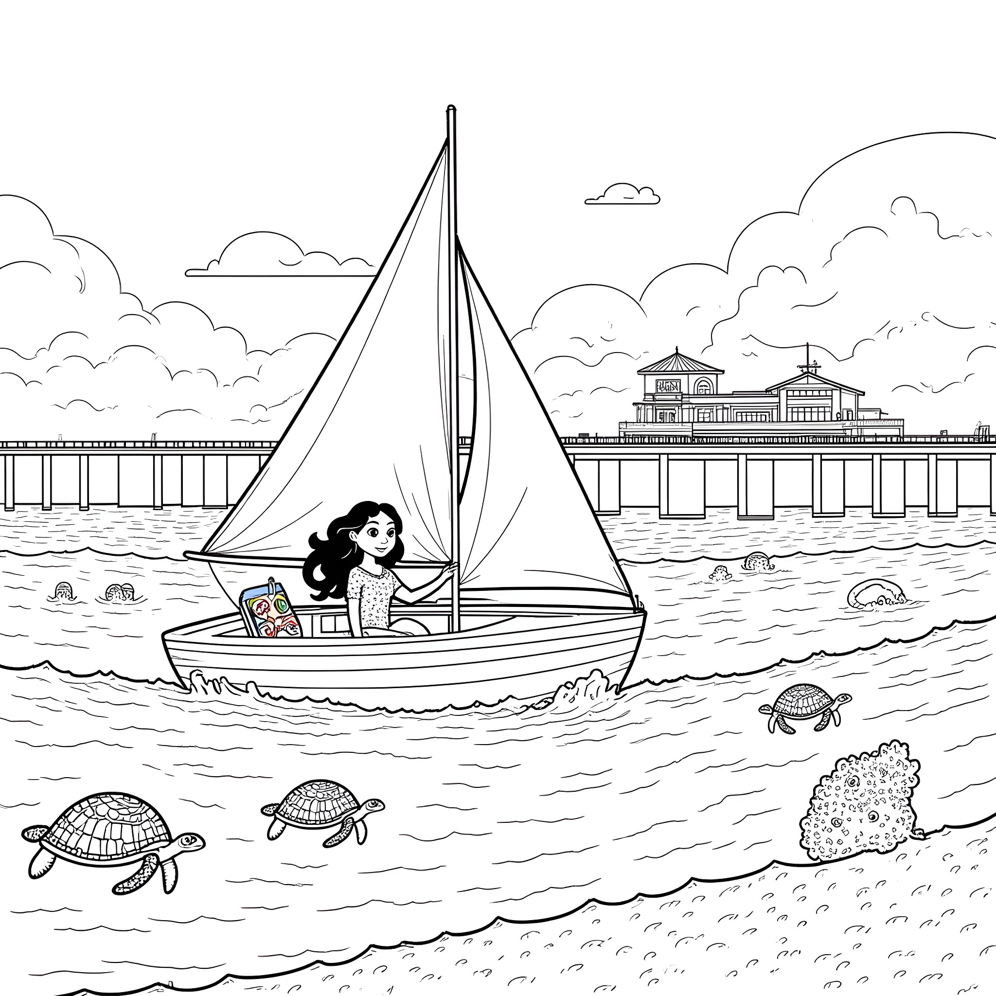 Moana sailing in a boat with sea turtles Coloring Page (free black-and-white line drawing printable PDF for all, from beginners to advanced learners, including children, teens, adults, and seniors)