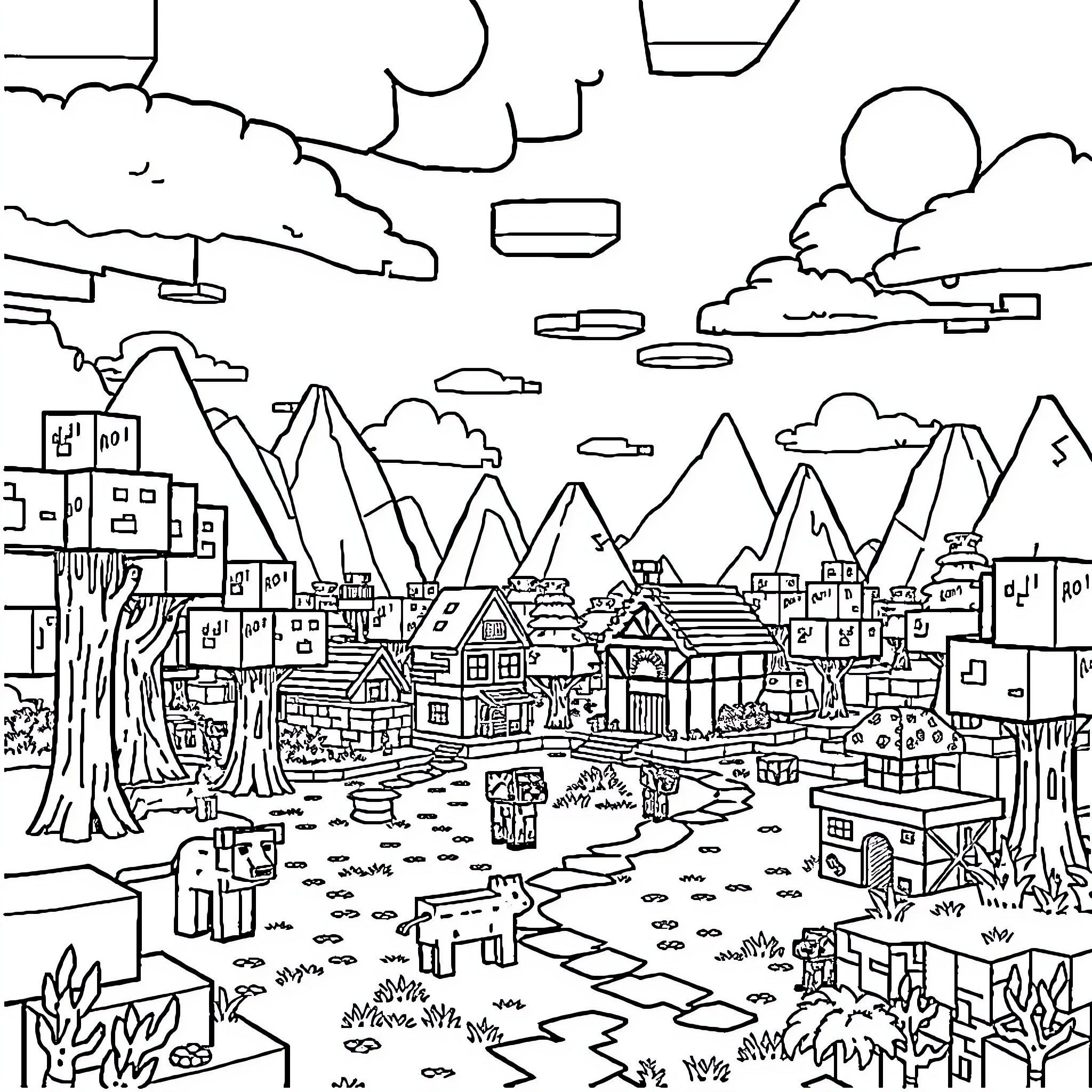 Minecraft cityscape with diverse structures and landscapes Coloring Page (free black-and-white line drawing printable PDF for all, from beginners to advanced learners, including children, teens, adults, and seniors)