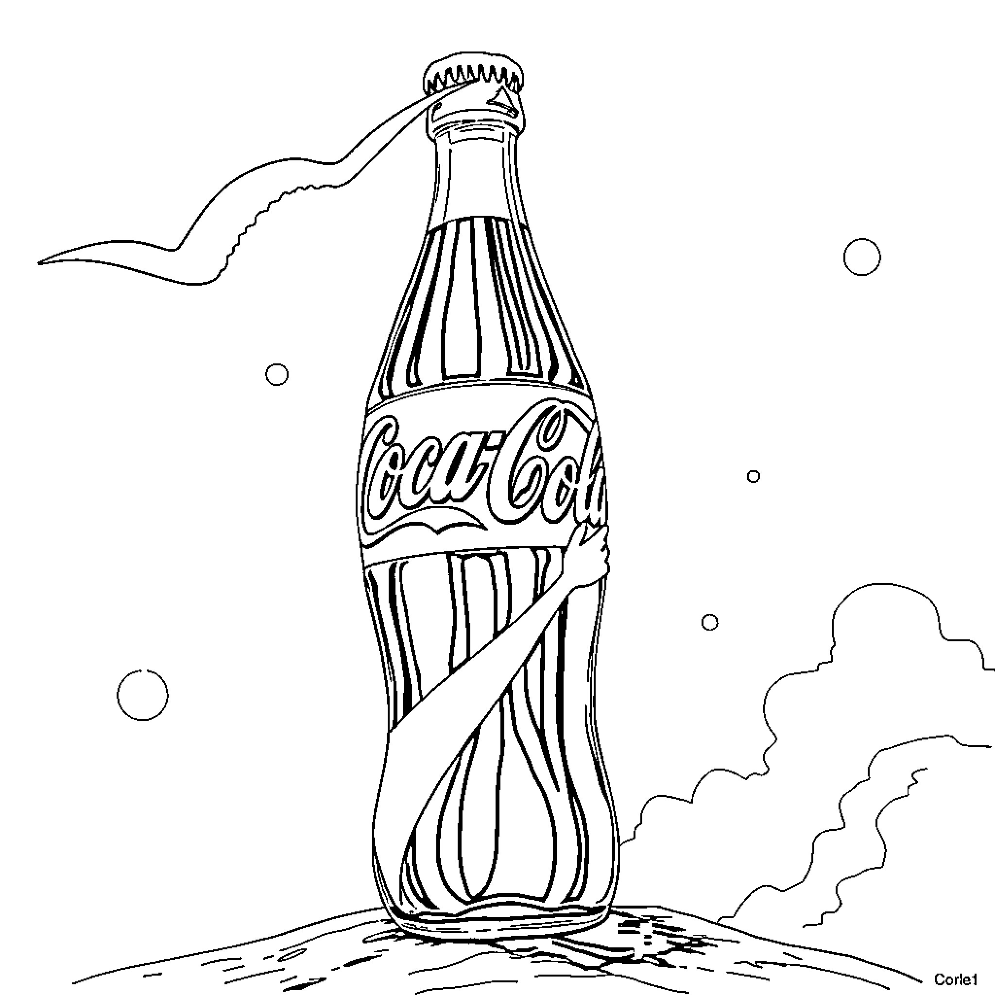 Coca Cola Bottle floating in the sky Coloring Page (free black-and-white line drawing printable PDF for all, from beginners to advanced learners, including children, teens, adults, and seniors)