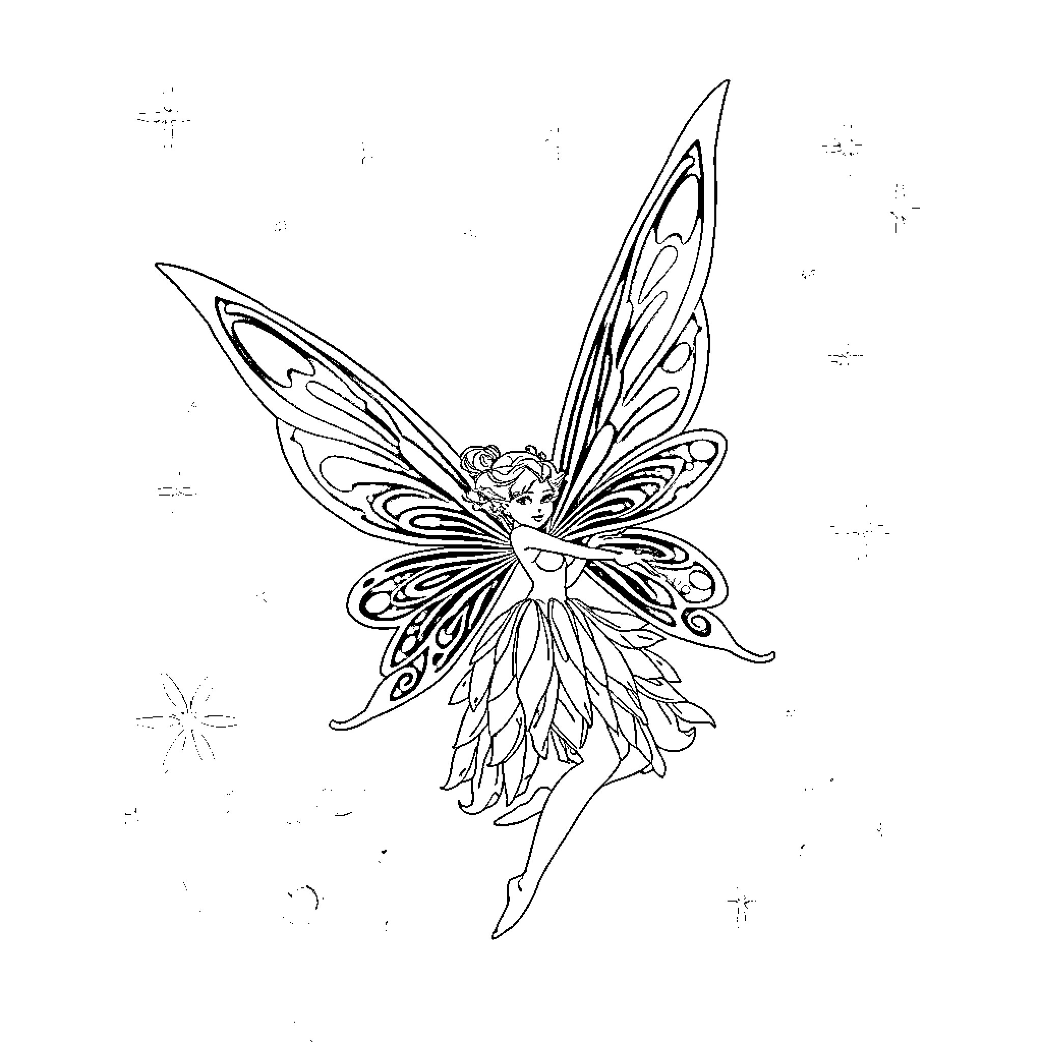 Fairy dancing gracefully with delicate wings Coloring Page (free black-and-white line drawing printable PDF for all, from beginners to advanced learners, including children, teens, adults, and seniors)