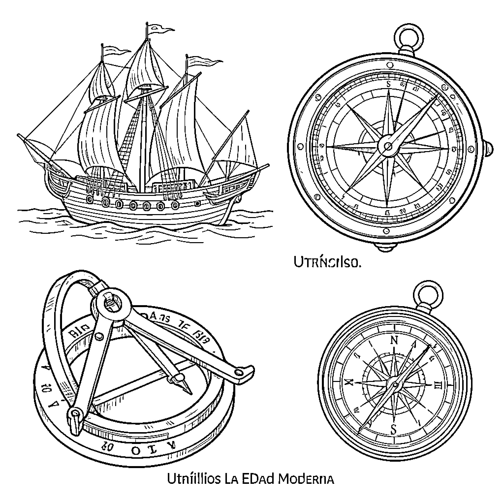 Utensilios: Ships, Compasses, and Navigational Tools Coloring Page (free black-and-white line drawing printable PDF for all, from beginners to advanced learners, including children, teens, adults, and seniors)