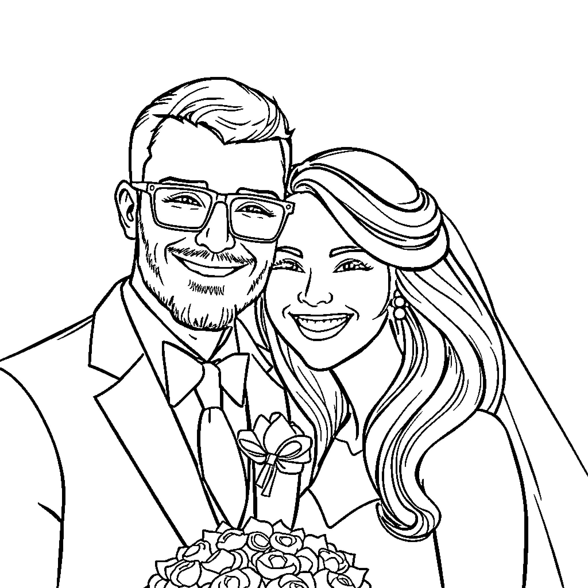 Couple in wedding attire smiling together Coloring Page (free black-and-white line drawing printable PDF for all, from beginners to advanced learners, including children, teens, adults, and seniors)