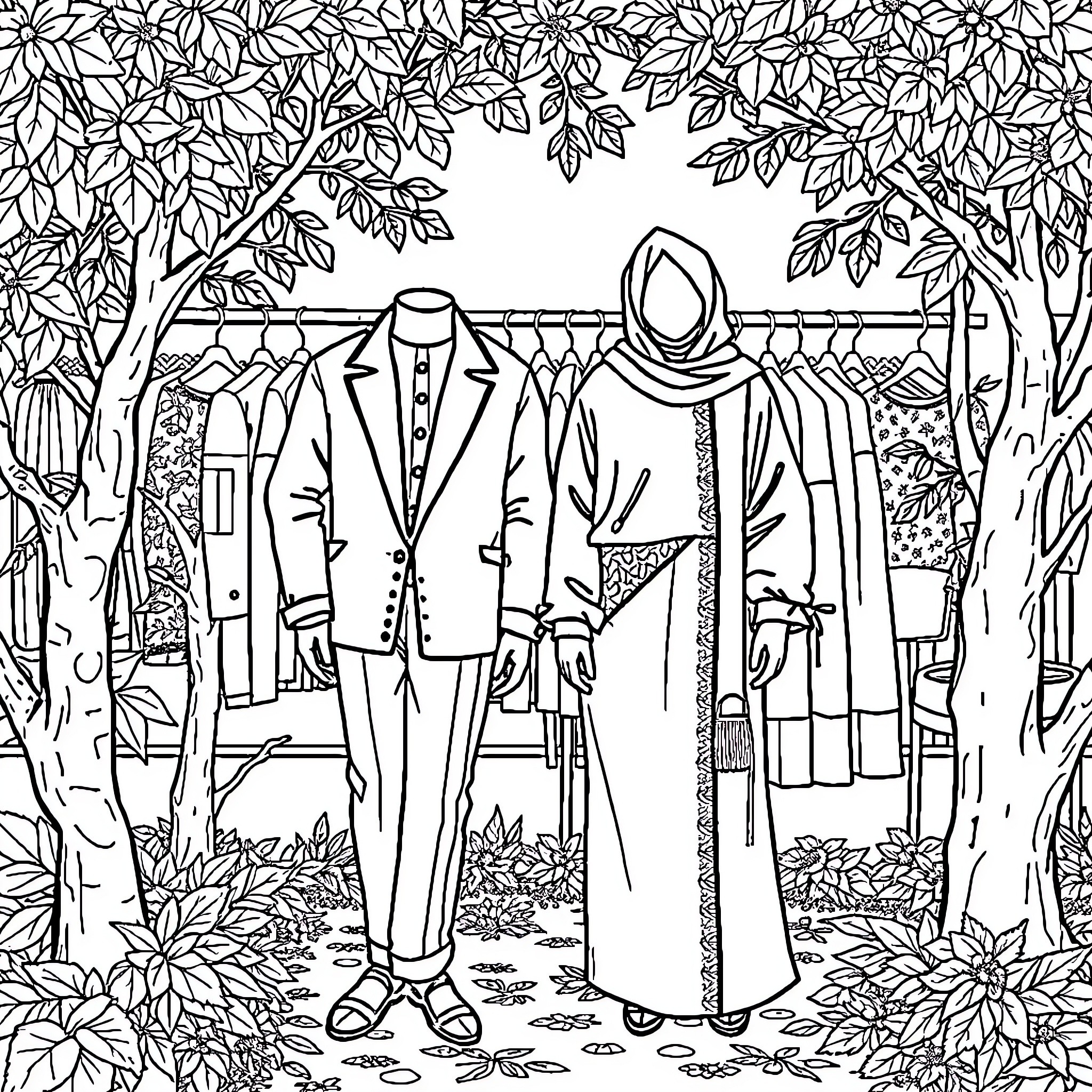 Vêtements d'automne dans un jardin paisible Coloring Page (free black-and-white line drawing printable PDF for all, from beginners to advanced learners, including children, teens, adults, and seniors)