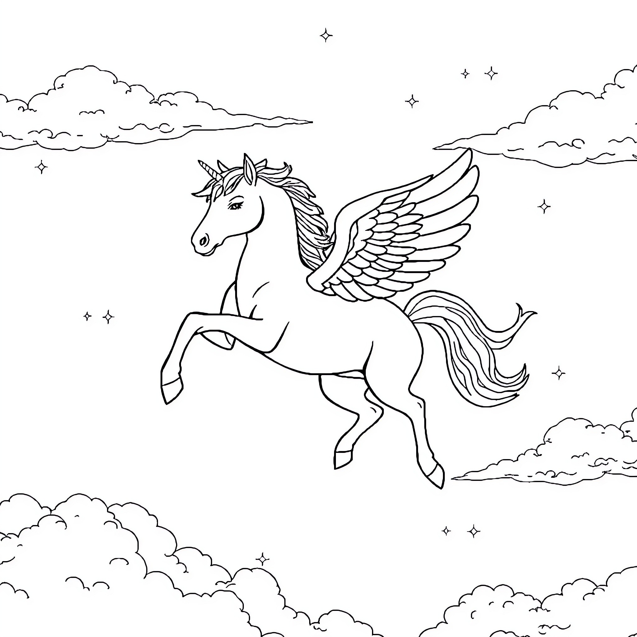 Unicorn soaring through the starry night sky Coloring Page (free black-and-white line drawing printable PDF for all, from beginners to advanced learners, including children, teens, adults, and seniors)