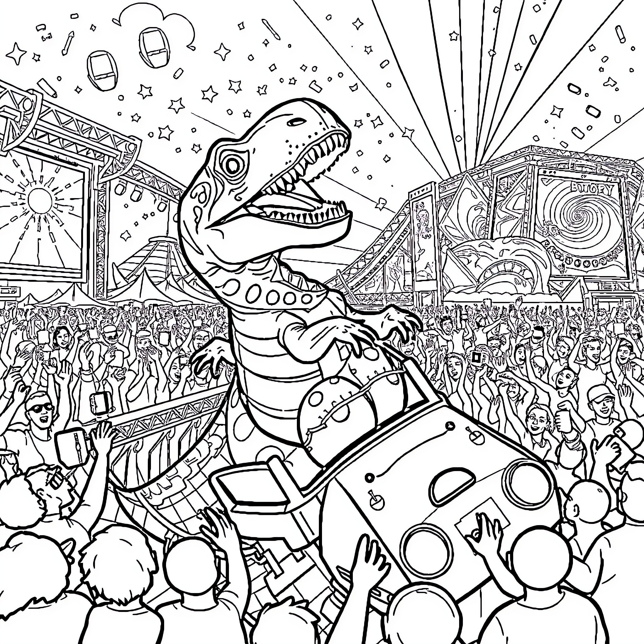 Dinosaur Enjoying an Extravagant Carnival Celebration Coloring Page (free black-and-white line drawing printable PDF for all, from beginners to advanced learners, including children, teens, adults, and seniors)