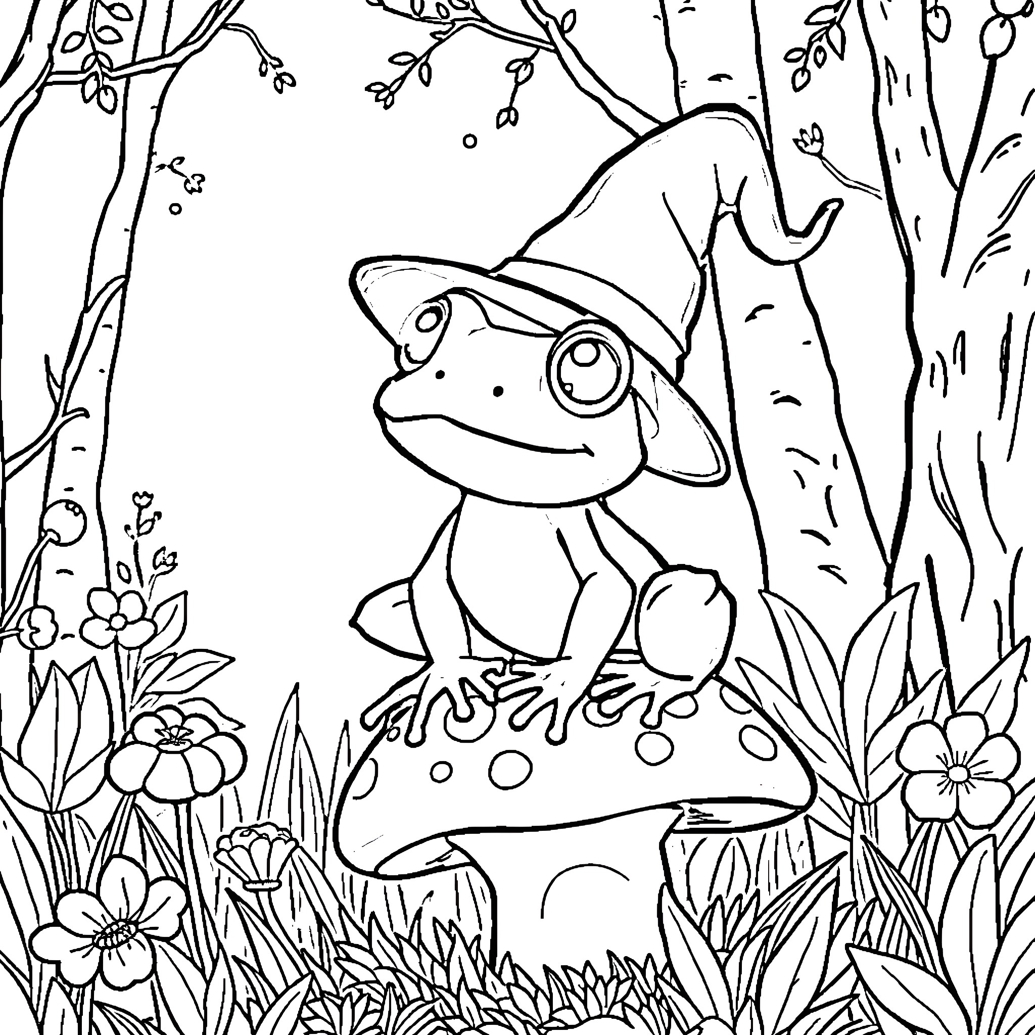 Frog exploring the enchanted forest Coloring Page (free black-and-white line drawing printable PDF for all, from beginners to advanced learners, including children, teens, adults, and seniors)