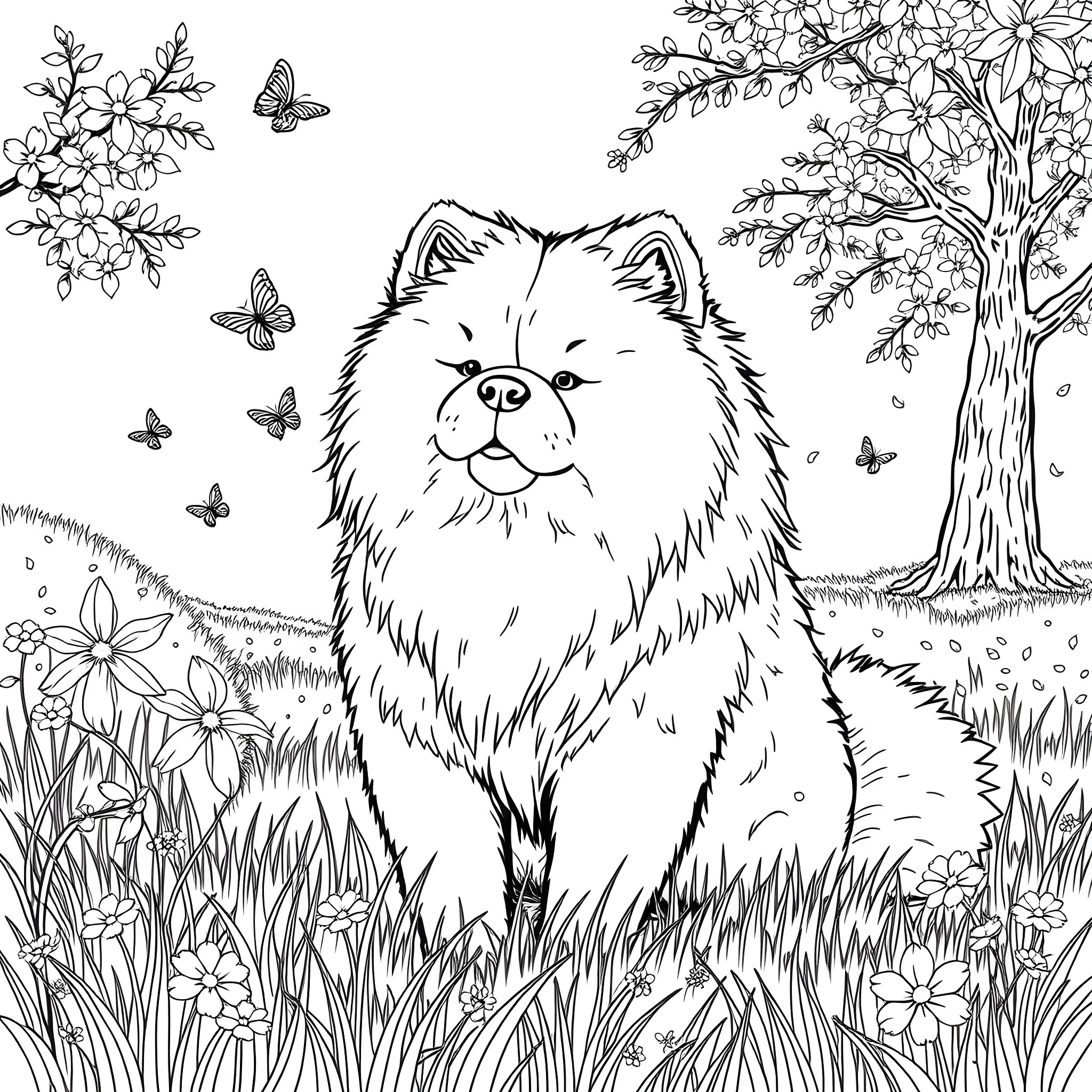 Chow Chow exploring nature's beauty Coloring Page (free black-and-white line drawing printable PDF for all, from beginners to advanced learners, including children, teens, adults, and seniors)