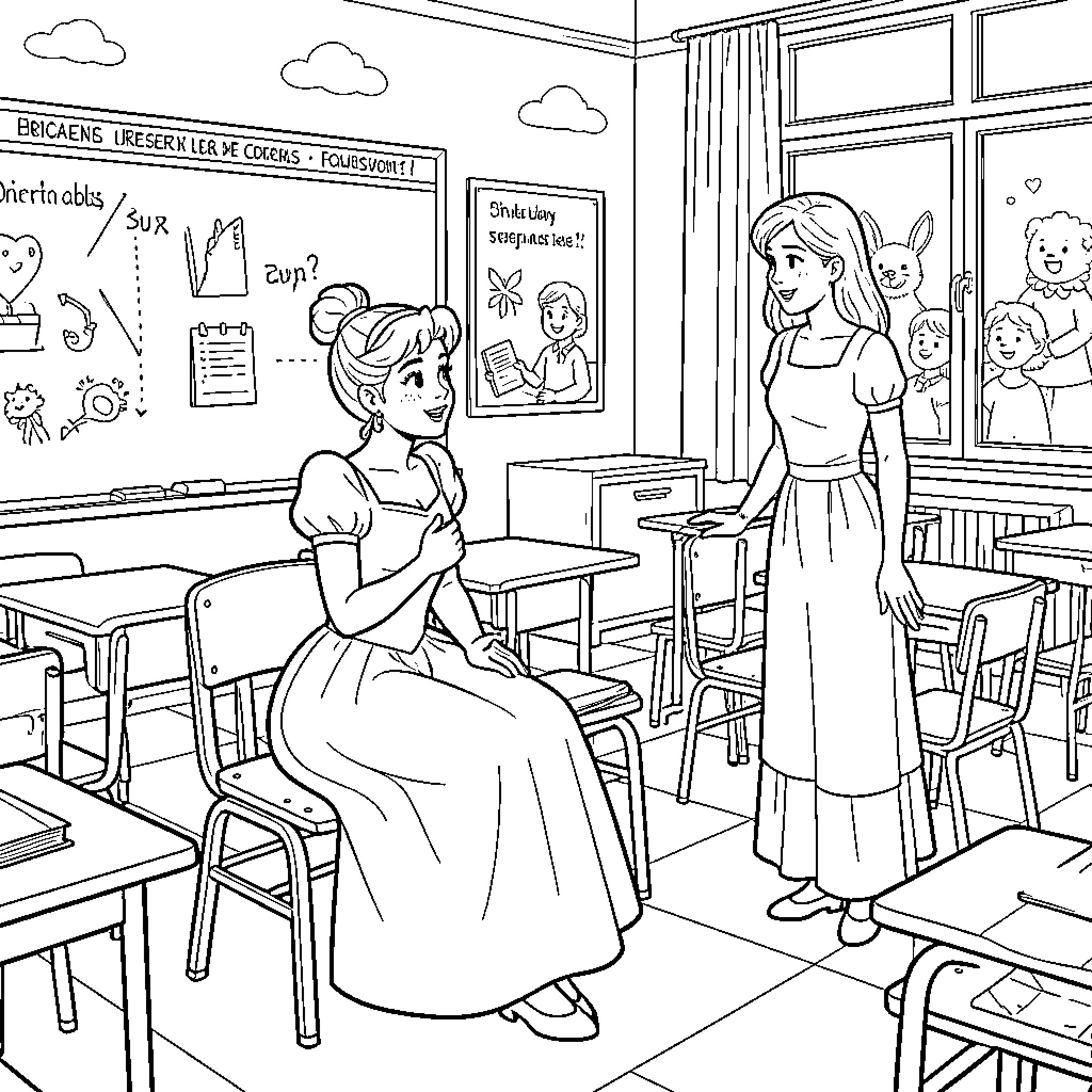 Cinderella sitting and smiling in a classroom setting Coloring Page (free black-and-white line drawing printable PDF for all, from beginners to advanced learners, including children, teens, adults, and seniors)