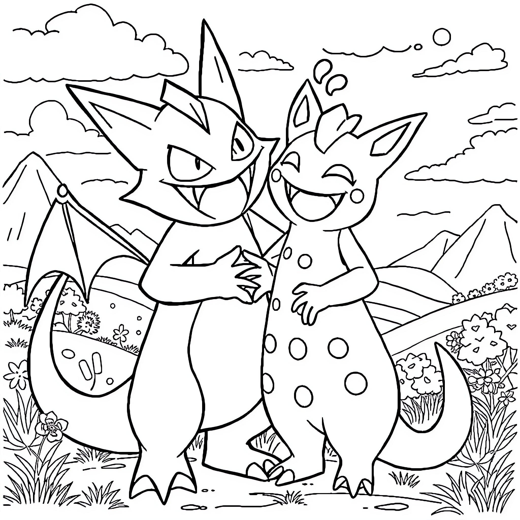 Gengar mischievously playing with friends in nature Coloring Page (free black-and-white line drawing printable PDF for all, from beginners to advanced learners, including children, teens, adults, and seniors)