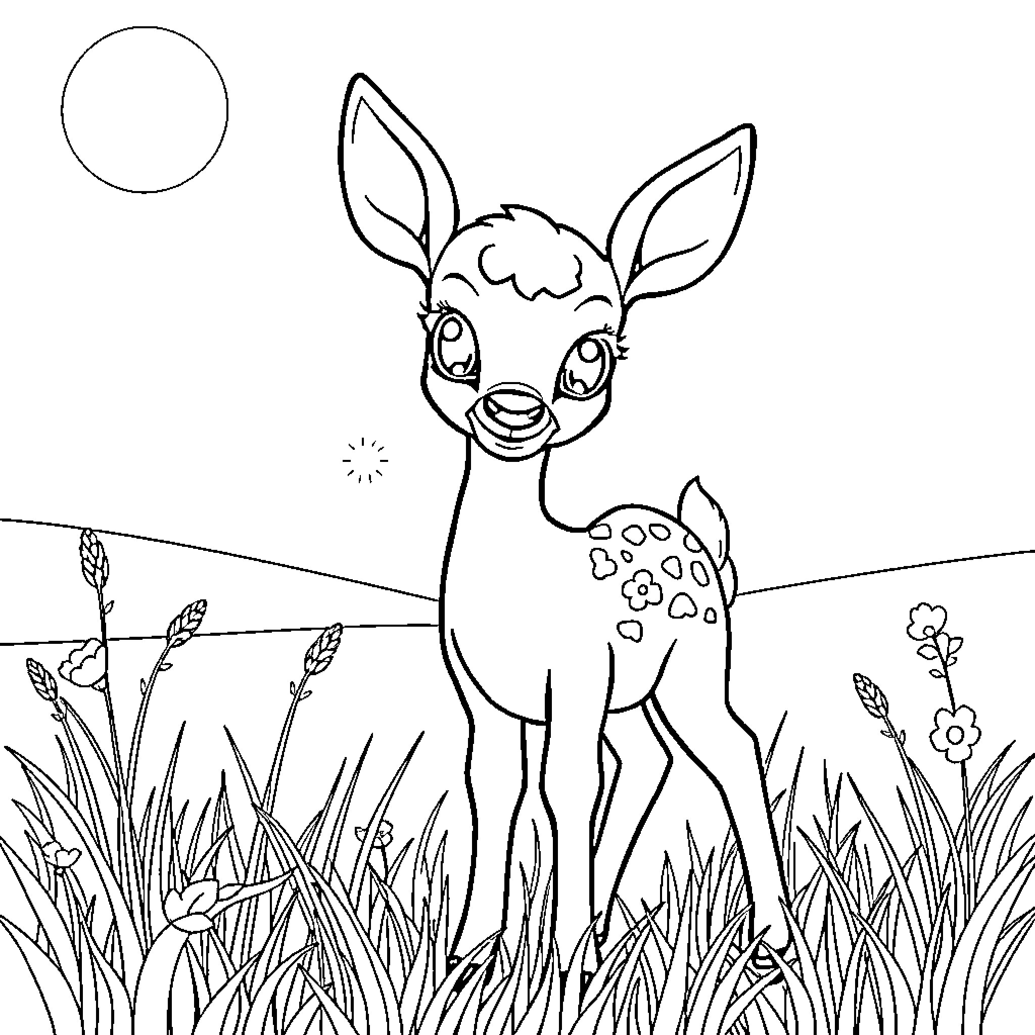 Deer calf playing in the meadow Coloring Page (free black-and-white line drawing printable PDF for all, from beginners to advanced learners, including children, teens, adults, and seniors)