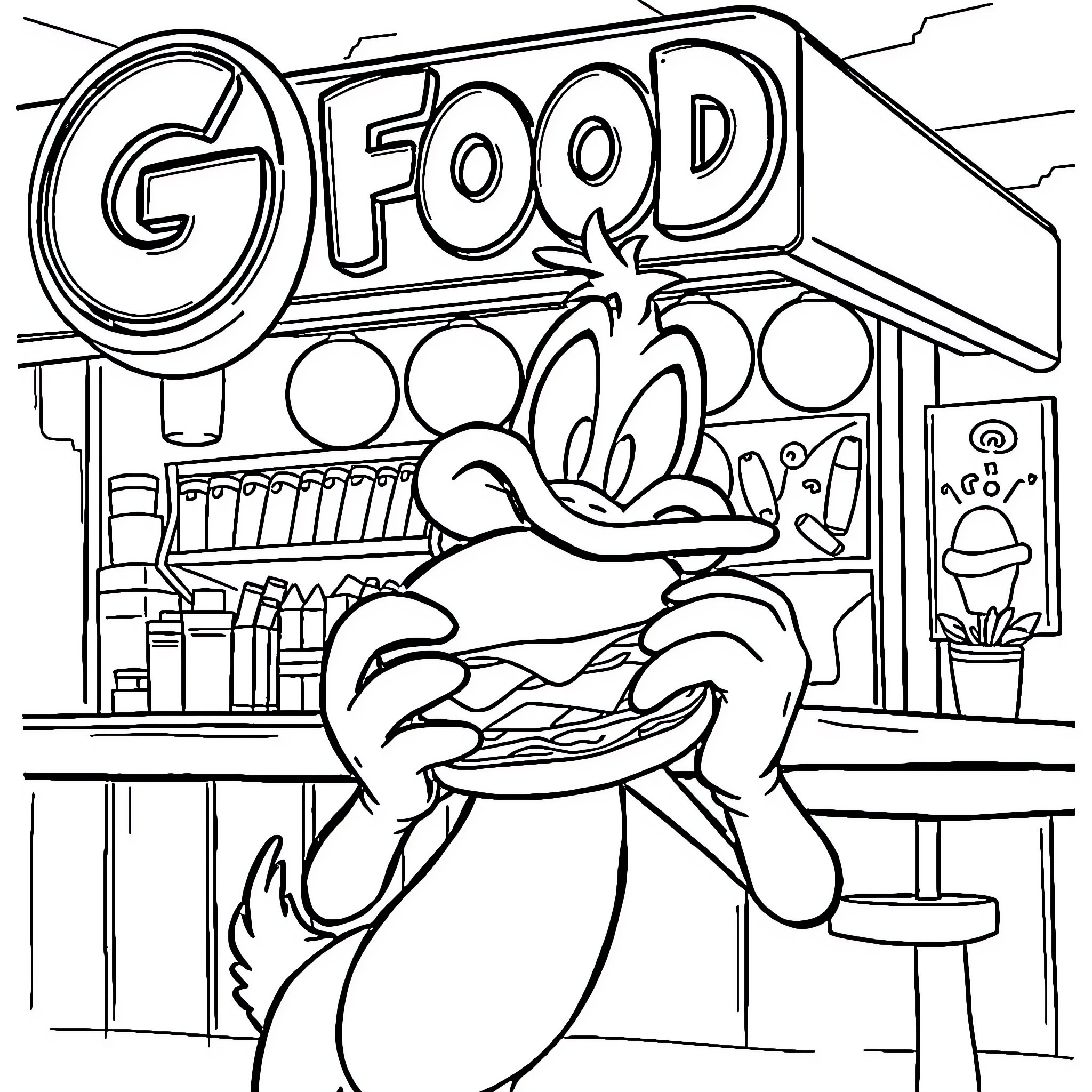 Daffy Duck enjoying a delicious G food meal Coloring Page (free black-and-white line drawing printable PDF for all, from beginners to advanced learners, including children, teens, adults, and seniors)