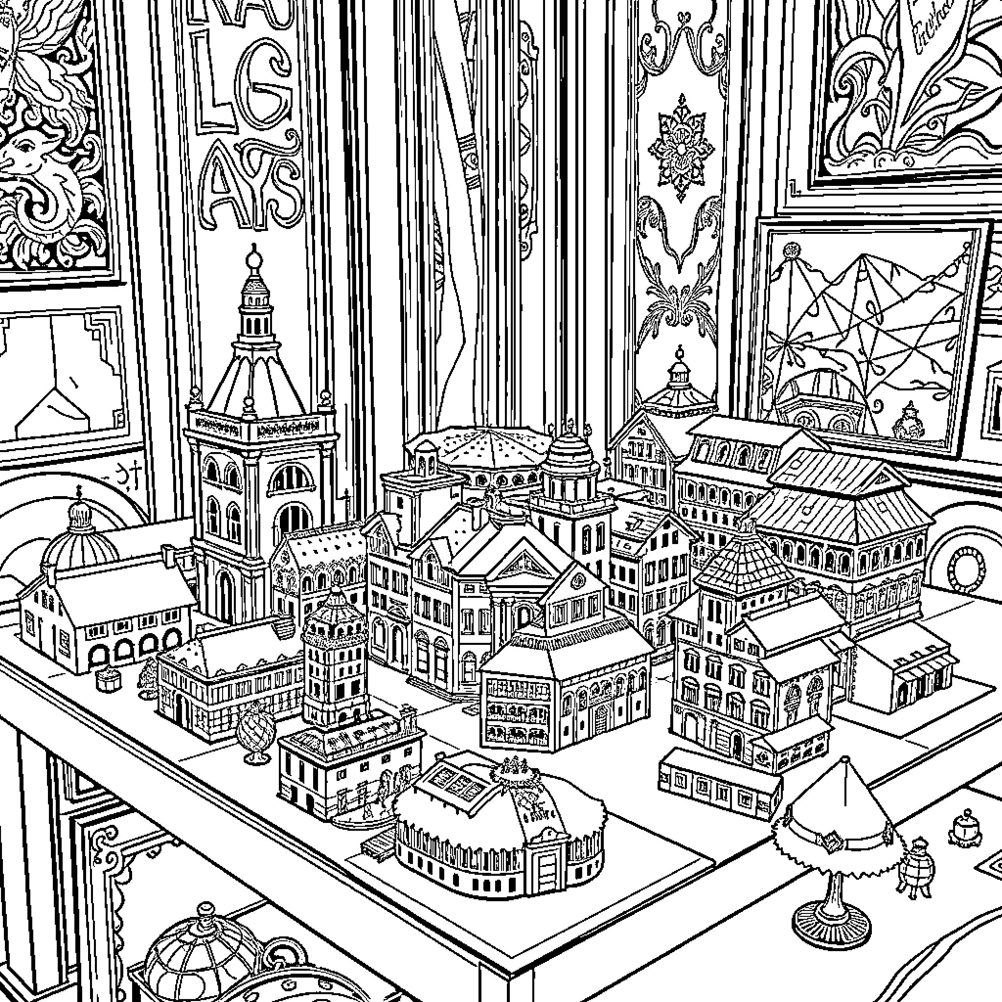 Brainrot: Intricate City Labyrinth Masterpiece Coloring Page (free black-and-white line drawing printable PDF for all, from beginners to advanced learners, including children, teens, adults, and seniors)