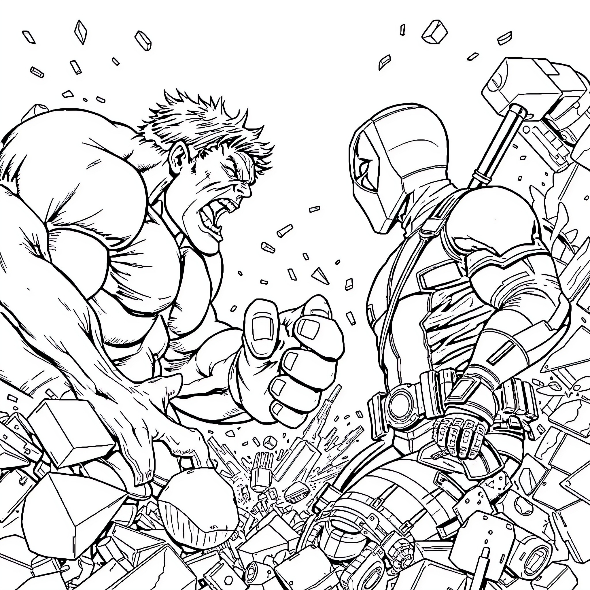 Hulk battling a futuristic armored warrior in intense combat Coloring Page (free black-and-white line drawing printable PDF for all, from beginners to advanced learners, including children, teens, adults, and seniors)