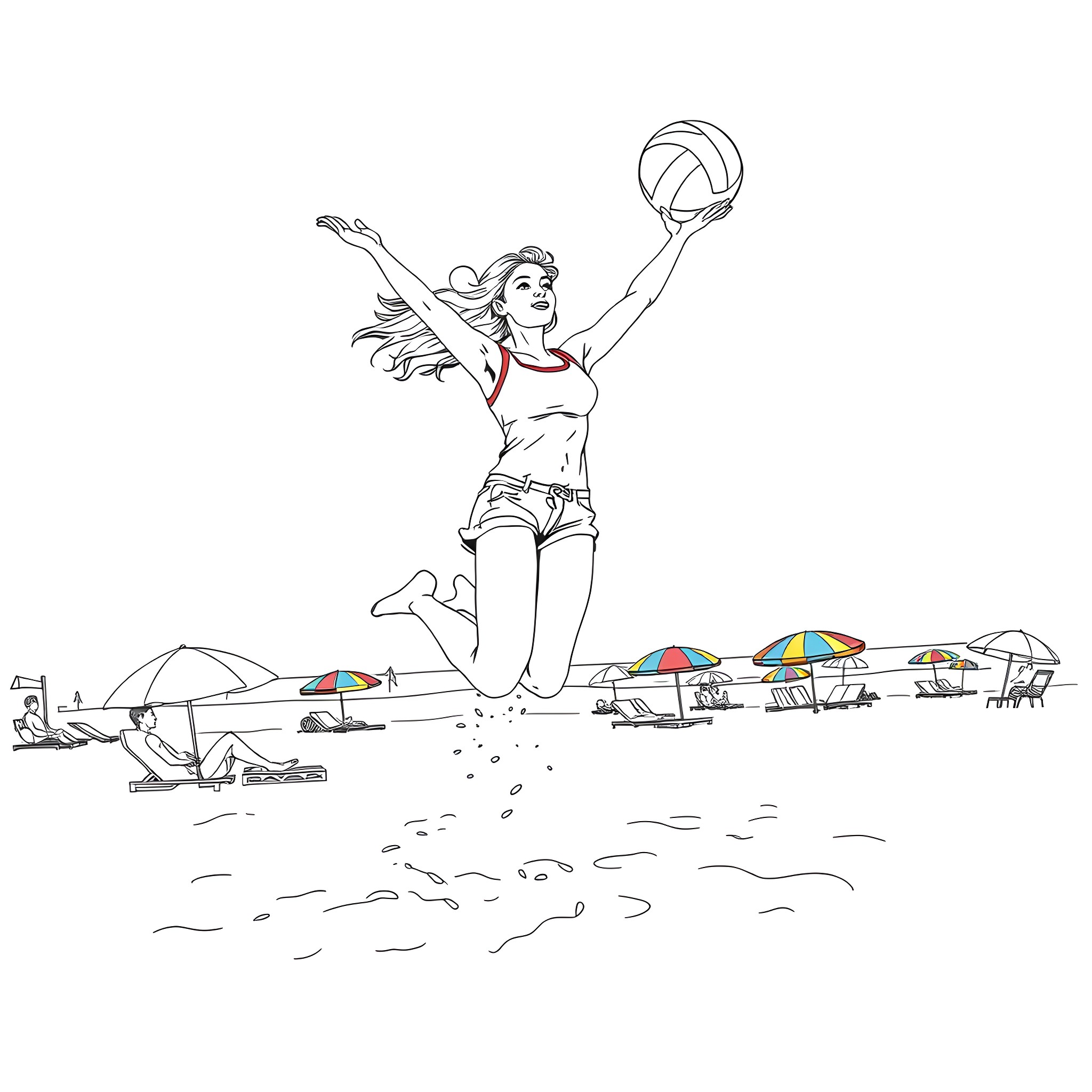 Lady having fun with volleyball on the beach Coloring Page (free black-and-white line drawing printable PDF for all, from beginners to advanced learners, including children, teens, adults, and seniors)