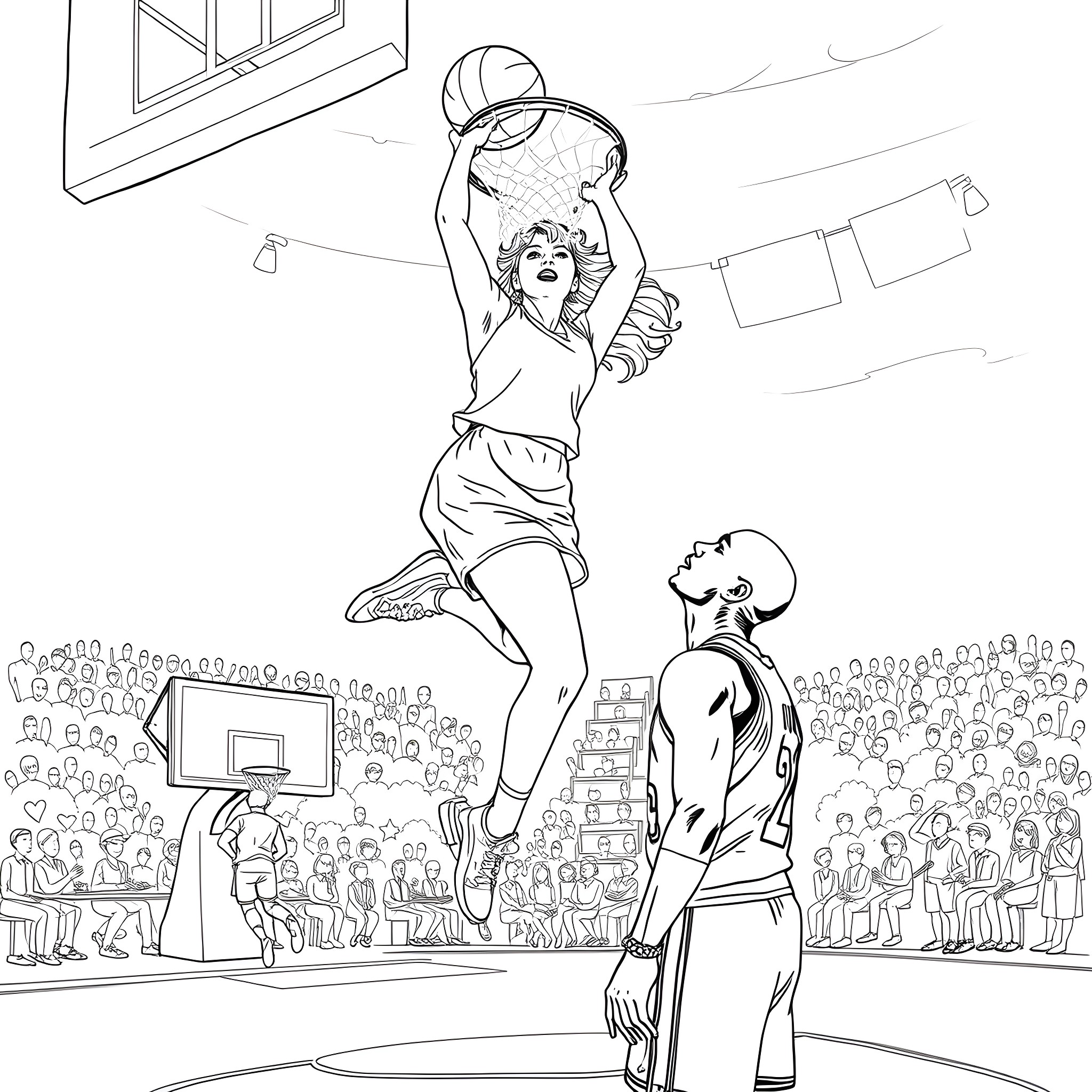 Taylor Swift's Basketball Slam Dunk Celebration Coloring Page (free black-and-white line drawing printable PDF for all, from beginners to advanced learners, including children, teens, adults, and seniors)