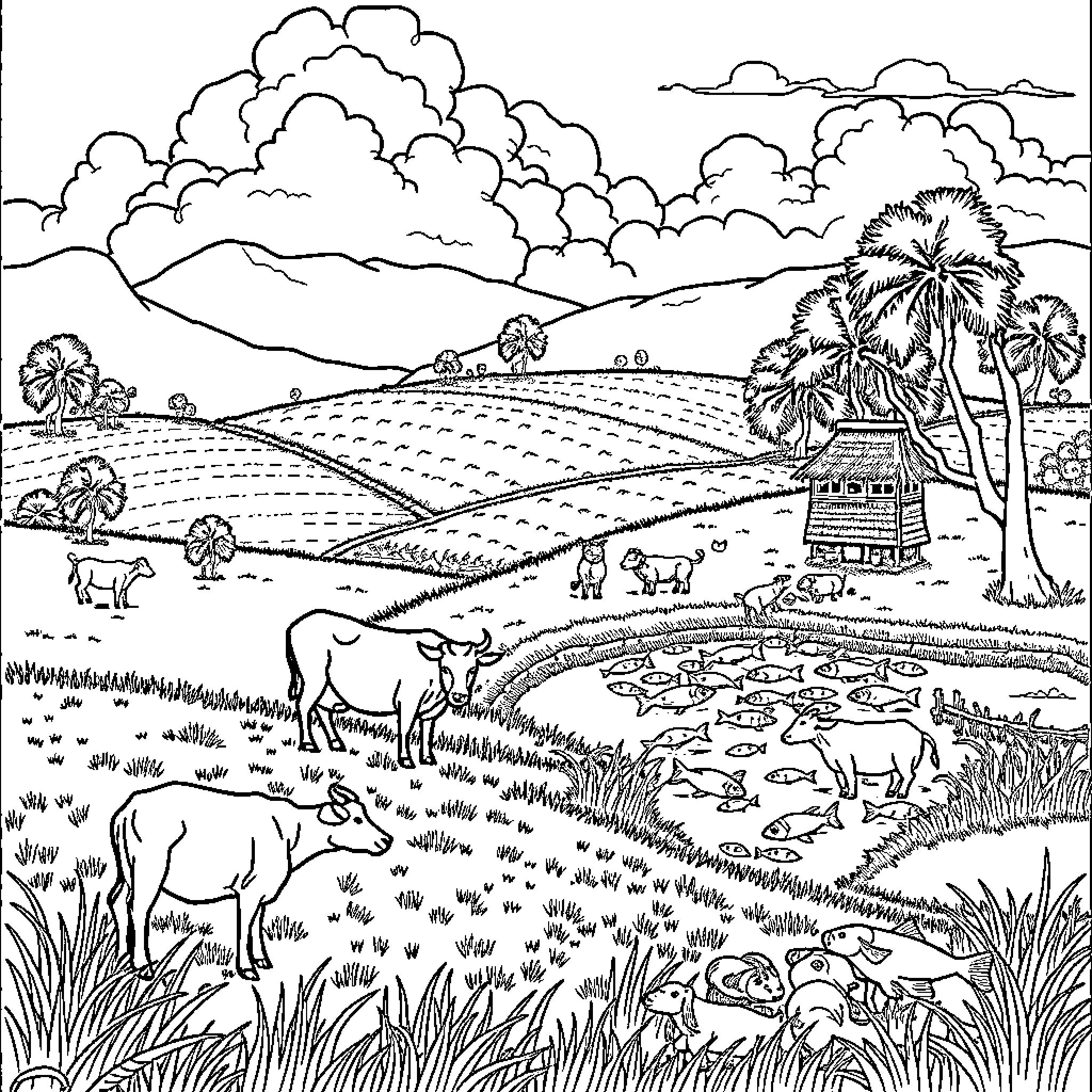 Farm animals grazing peacefully in rural landscape Coloring Page (free black-and-white line drawing printable PDF for all, from beginners to advanced learners, including children, teens, adults, and seniors)