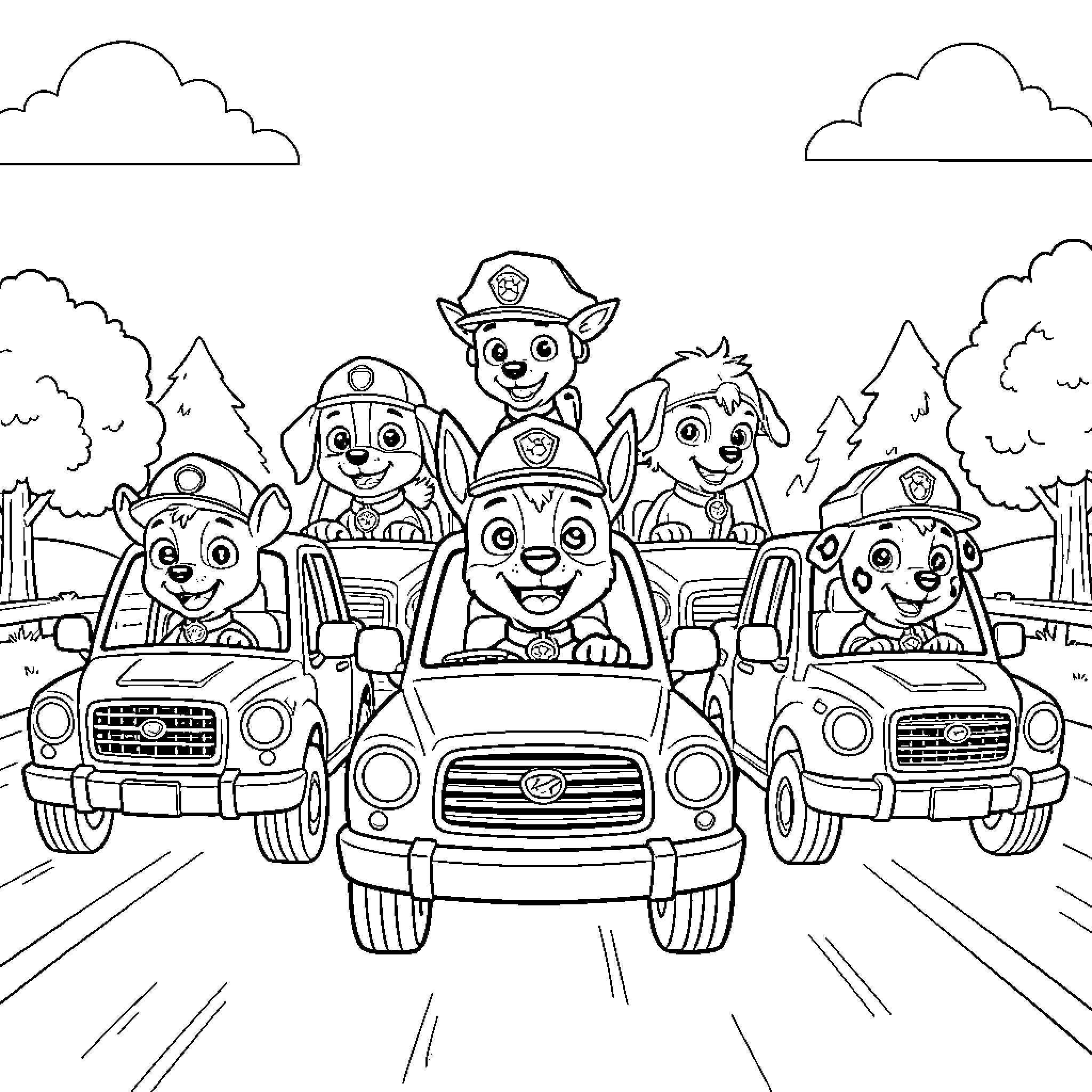 Dog Patrol Pups in Action-Packed Adventure Coloring Page (free black-and-white line drawing printable PDF for all, from beginners to advanced learners, including children, teens, adults, and seniors)