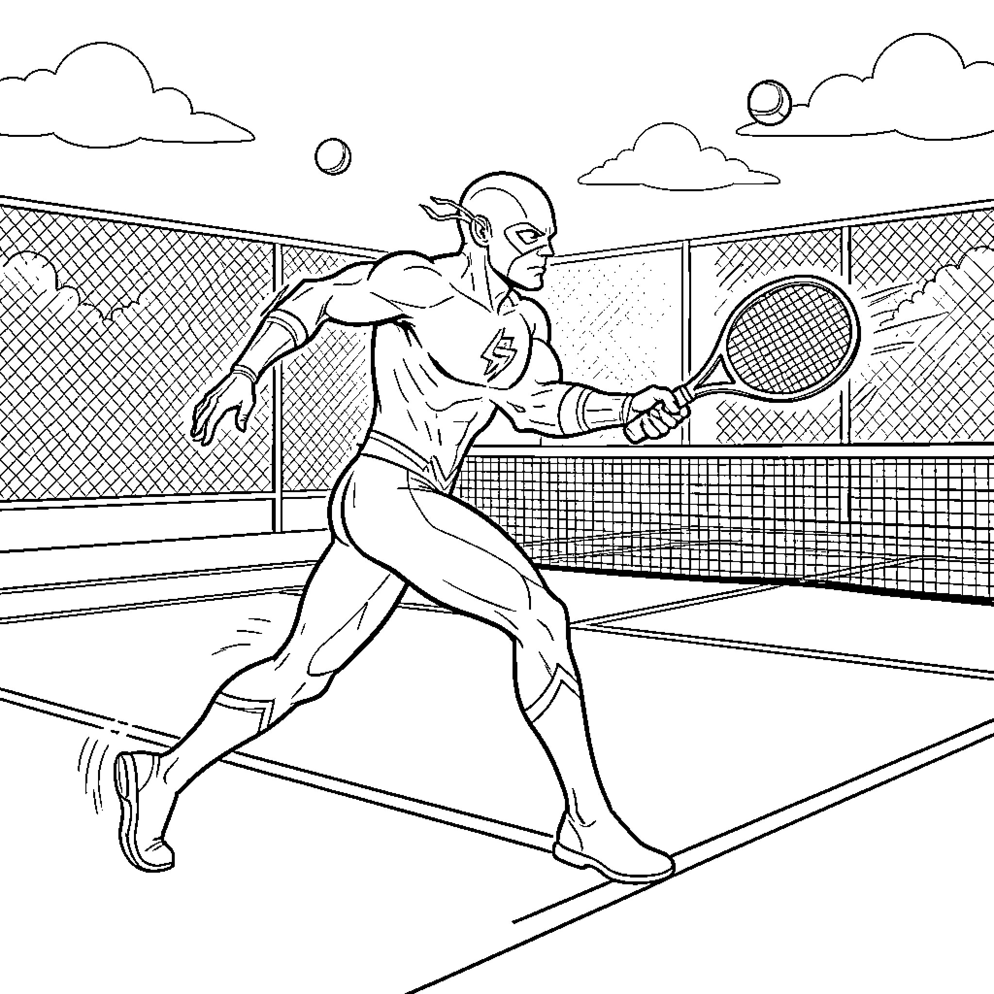Flash playing an intense tennis match on a court Coloring Page (free black-and-white line drawing printable PDF for all, from beginners to advanced learners, including children, teens, adults, and seniors)