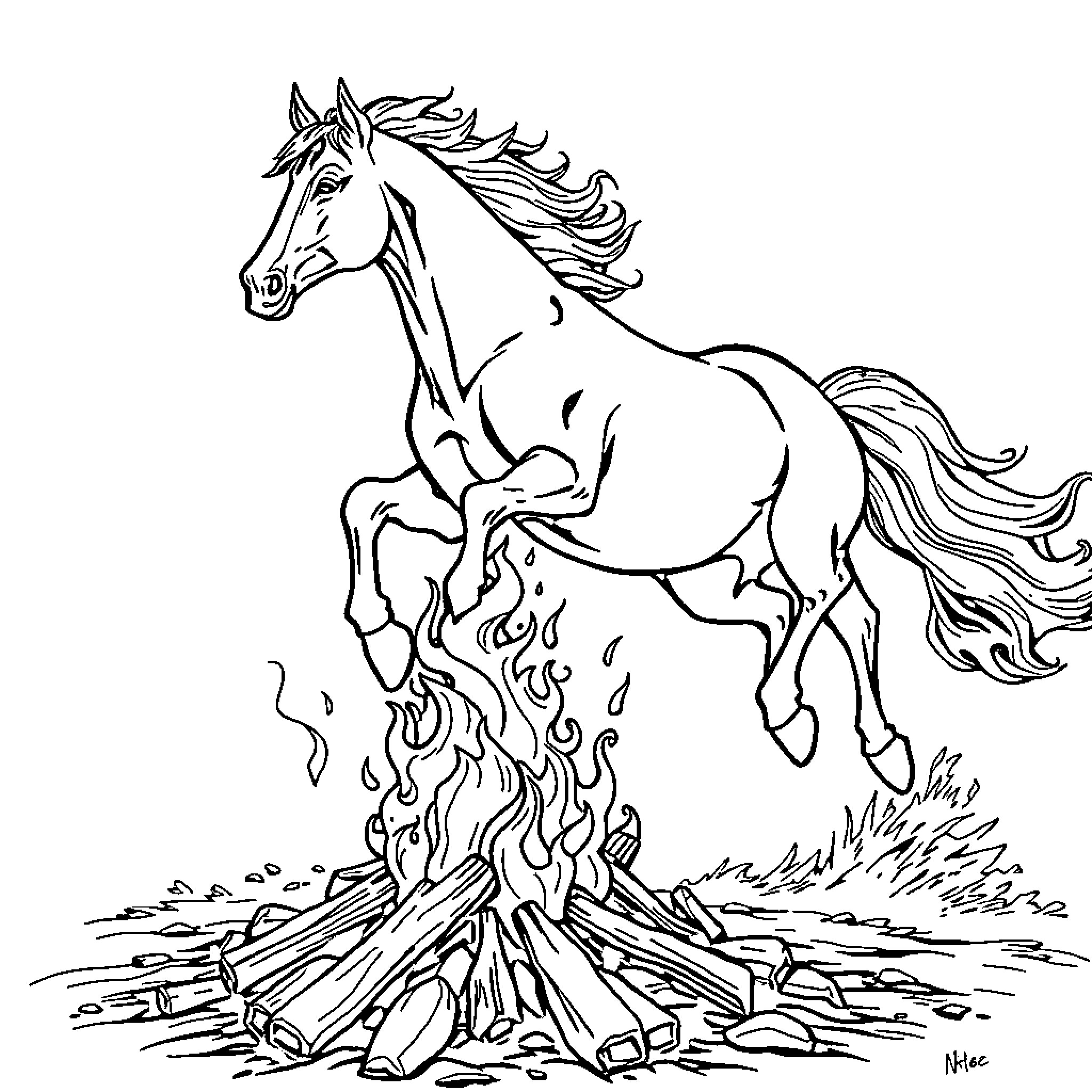 Horse galloping through a fiery scene Coloring Page (free black-and-white line drawing printable PDF for all, from beginners to advanced learners, including children, teens, adults, and seniors)