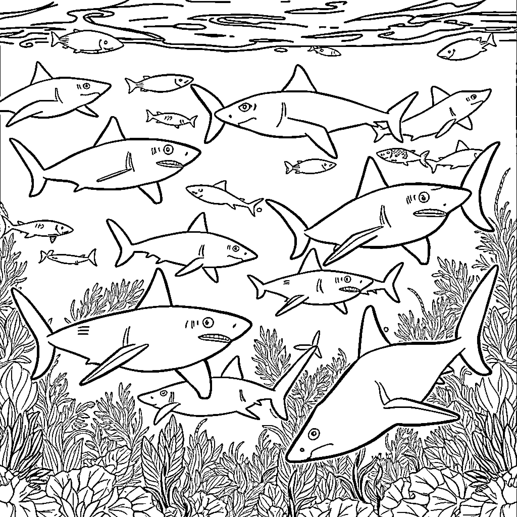 Shark Frenzy in the Underwater World Coloring Page (free black-and-white line drawing printable PDF for all, from beginners to advanced learners, including children, teens, adults, and seniors)