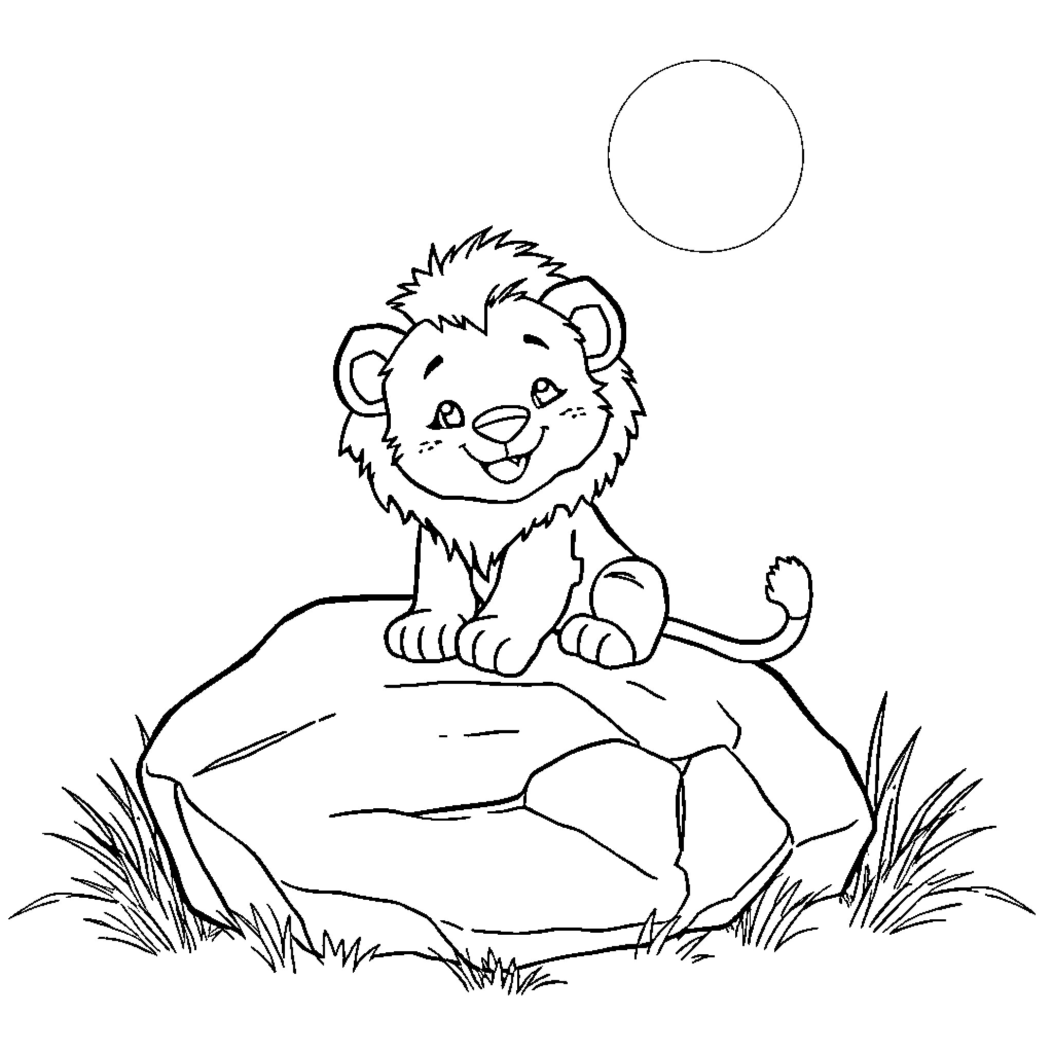 Lion Cub Basking in the Sun Coloring Page (free black-and-white line drawing printable PDF for all, from beginners to advanced learners, including children, teens, adults, and seniors)
