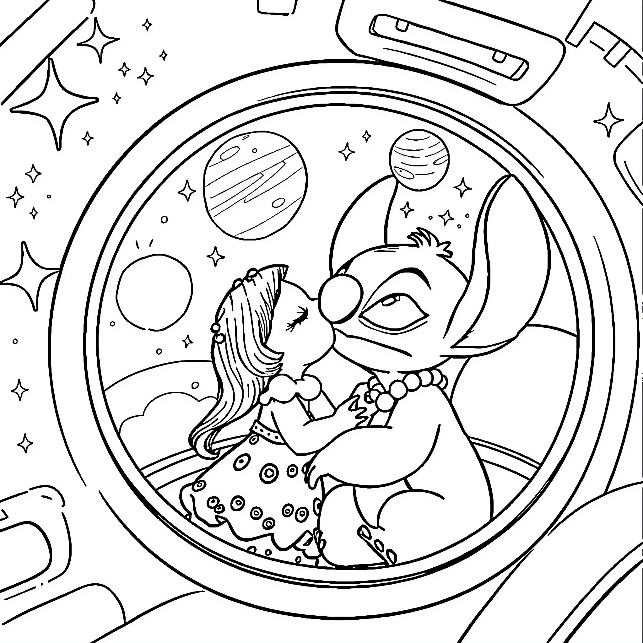 Lilo exploring the magical universe Coloring Page (free black-and-white line drawing printable PDF for all, from beginners to advanced learners, including children, teens, adults, and seniors)