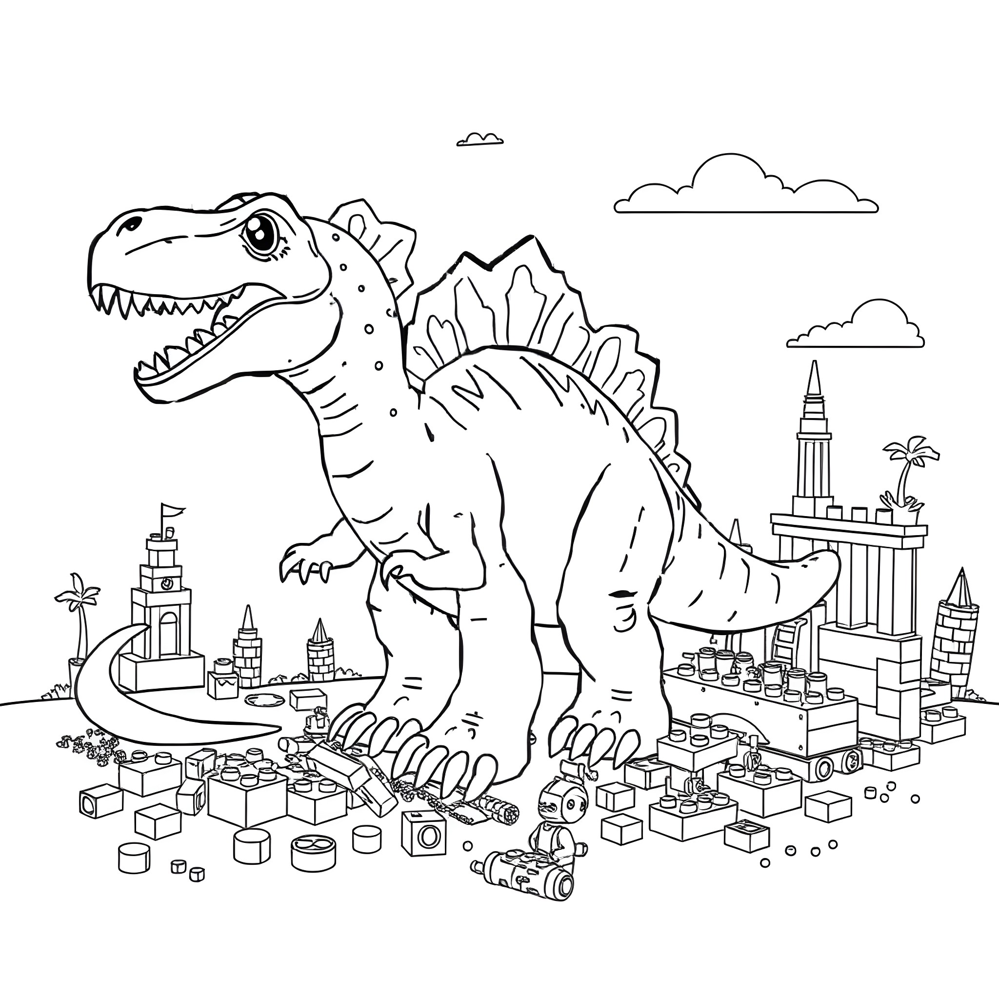 Spinosaurus exploring a miniature city landscape Coloring Page (free black-and-white line drawing printable PDF for all, from beginners to advanced learners, including children, teens, adults, and seniors)