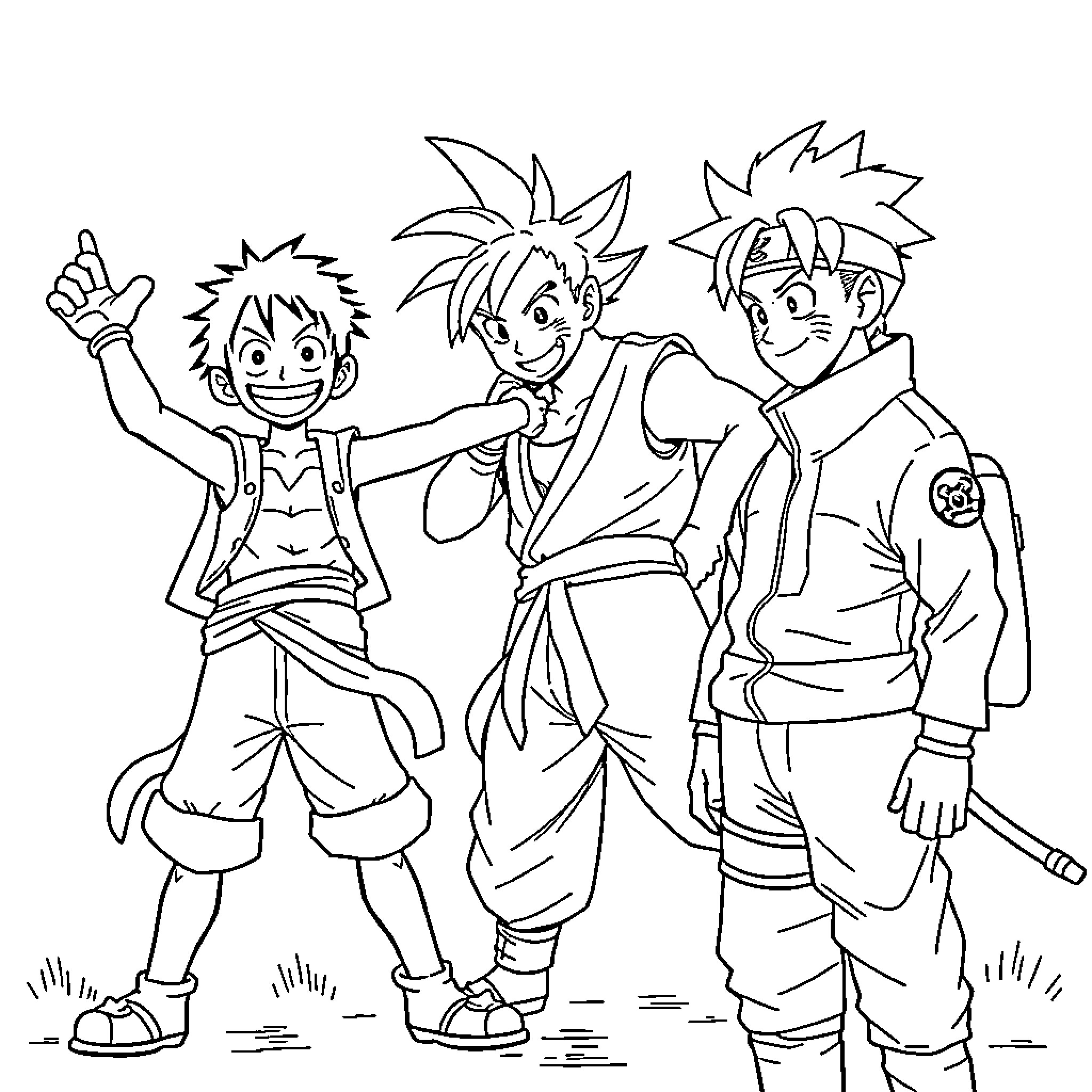 Character Trio of Adventurous Young Anime Heroes Coloring Page (free black-and-white line drawing printable PDF for all, from beginners to advanced learners, including children, teens, adults, and seniors)