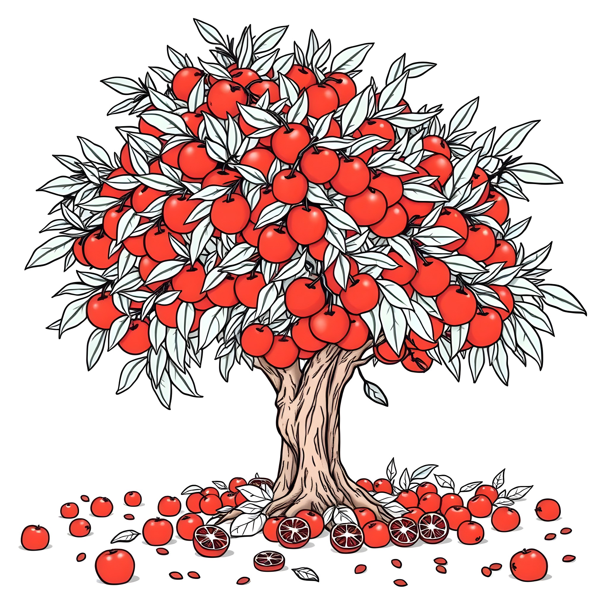 Cherry Orange Harvest Bounty Coloring Page (free black-and-white line drawing printable PDF for all, from beginners to advanced learners, including children, teens, adults, and seniors)