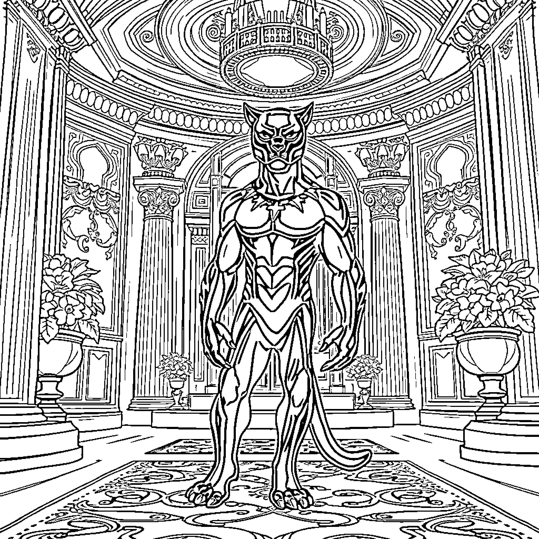 Panther Warrior in Ornate Temple Sanctuary Coloring Page (free black-and-white line drawing printable PDF for all, from beginners to advanced learners, including children, teens, adults, and seniors)