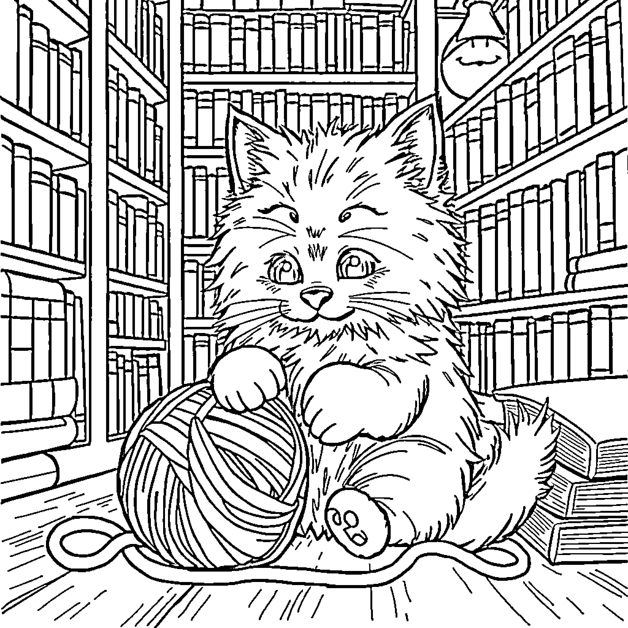 Cat exploring cozy library Coloring Page (free black-and-white line drawing printable PDF for all, from beginners to advanced learners, including children, teens, adults, and seniors)