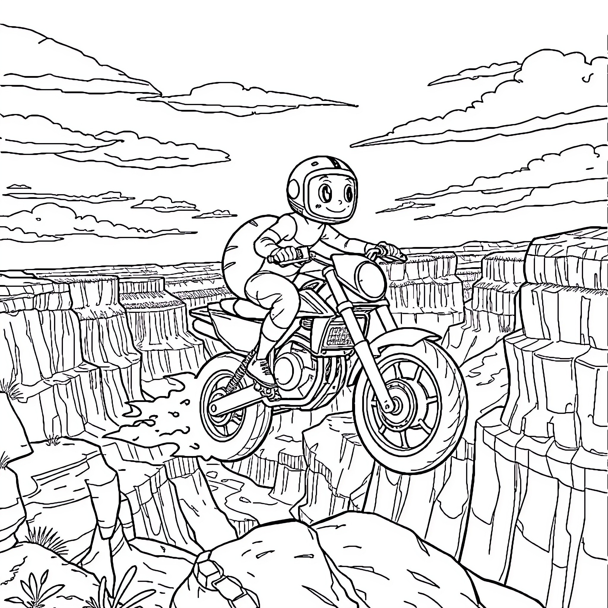 Snail riding motorcycle on desert cliffs Coloring Page (free black-and-white line drawing printable PDF for all, from beginners to advanced learners, including children, teens, adults, and seniors)