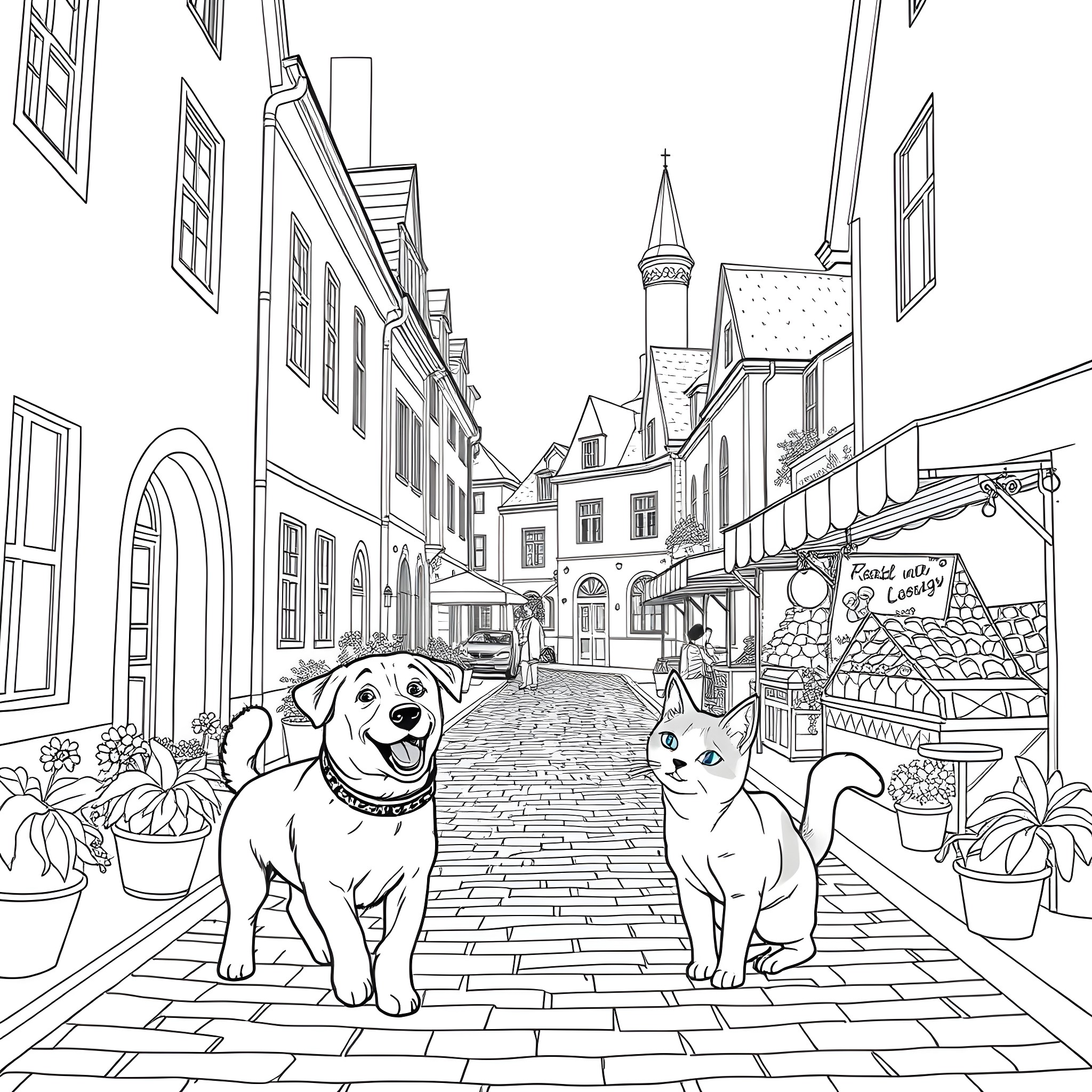 Dog and cat exploring charming old town street Coloring Page (free black-and-white line drawing printable PDF for all, from beginners to advanced learners, including children, teens, adults, and seniors)