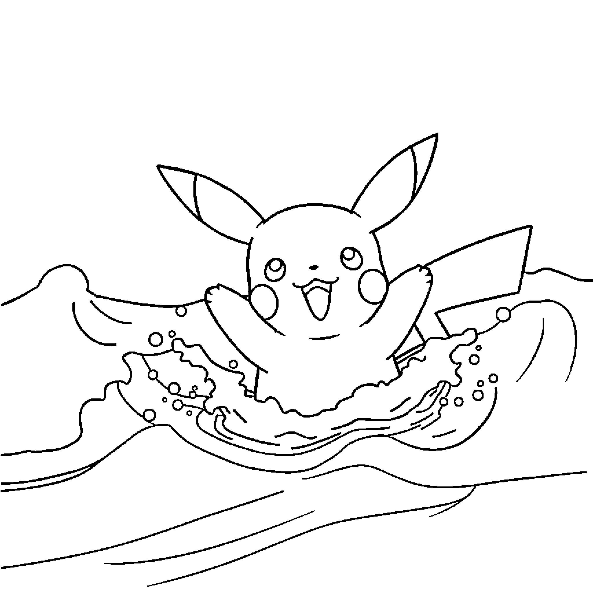 Pikachu floating happily in waves Coloring Page (free black-and-white line drawing printable PDF for all, from beginners to advanced learners, including children, teens, adults, and seniors)