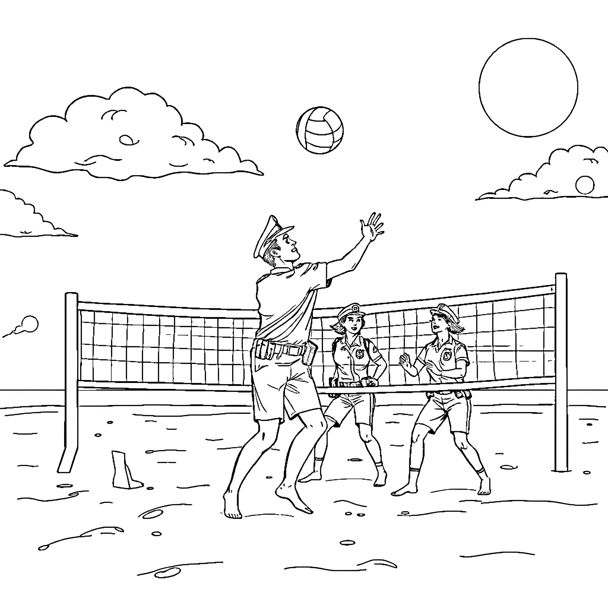 Cop playing volleyball with civilians on the beach Coloring Page (free black-and-white line drawing printable PDF for all, from beginners to advanced learners, including children, teens, adults, and seniors)